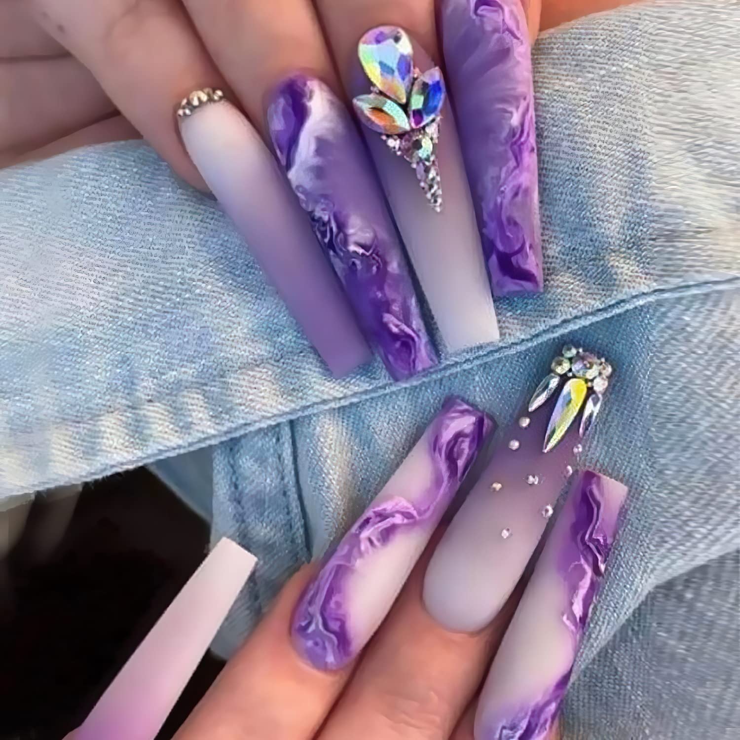24pcs Press on Nails Long Coffin Purple Gradient Extra Long Fake Nails Matte Full Cover False Nails with Rhinestones Designs Glue on Nails Acrylic Nails for Women and Girls