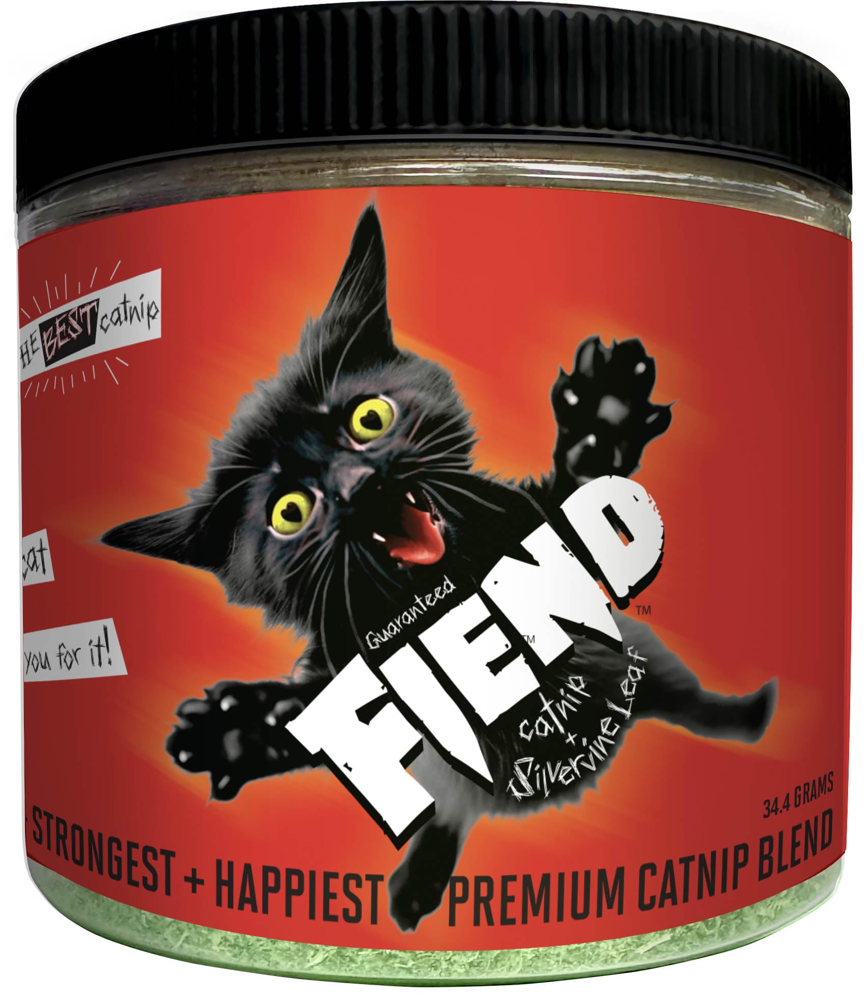 Fiend Catnip + Silvervine para gatos y gatitos, mezcla fina de pepinillos de gato de corte seguro con vid vegana + calcomanía, ultra potente, norteamericana, 1 taza (34.5 g) Adelante, crea un monstruo