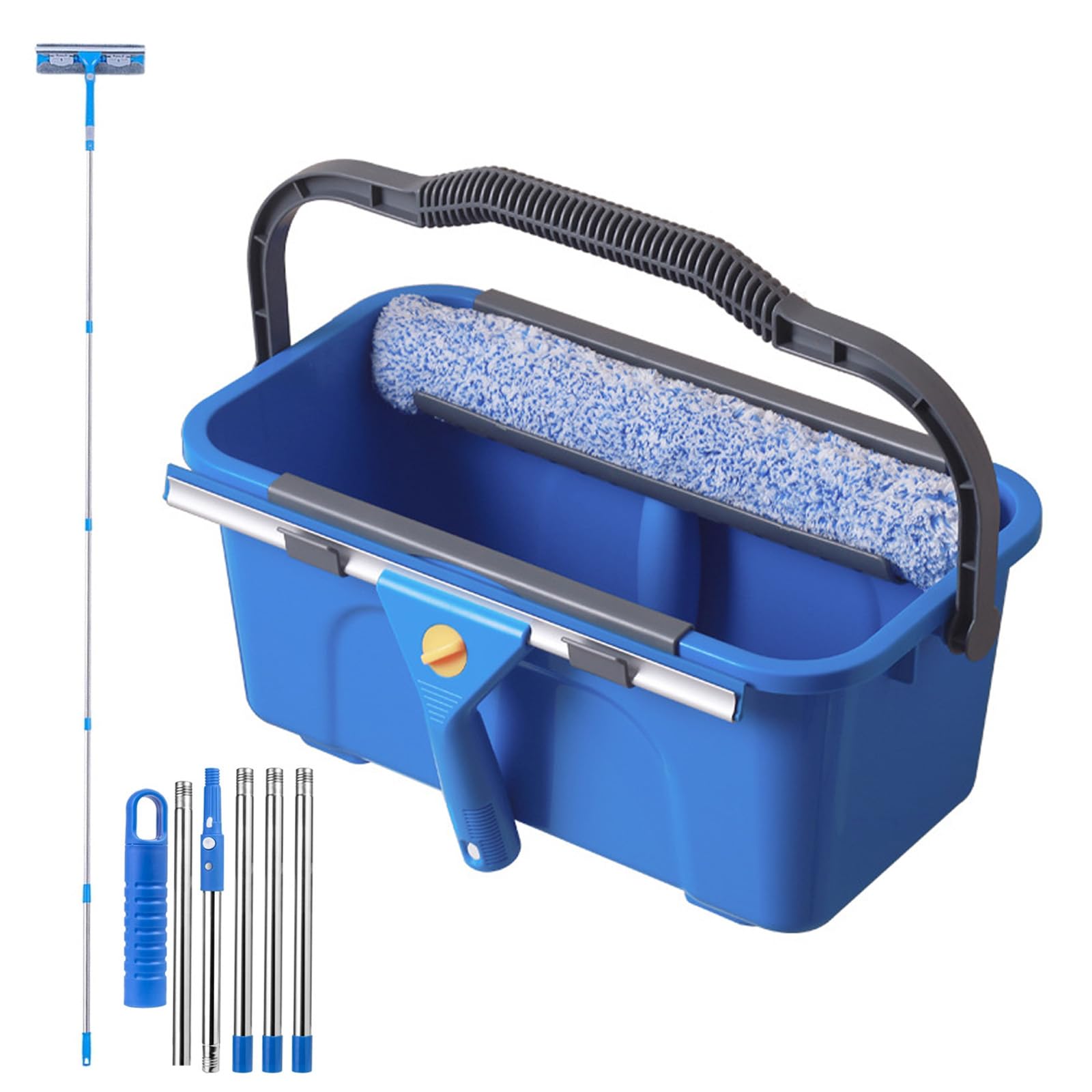 Fensterreiniger Set, Fensterputzer mit Eimer 12L, Fensterabzieher, Mikrofasertuch & Glastuch, Fensterreinigungs Set für Haus, Fenster, Glas, Auto, Camper (4 * 40 cm Verlängerungsstange)