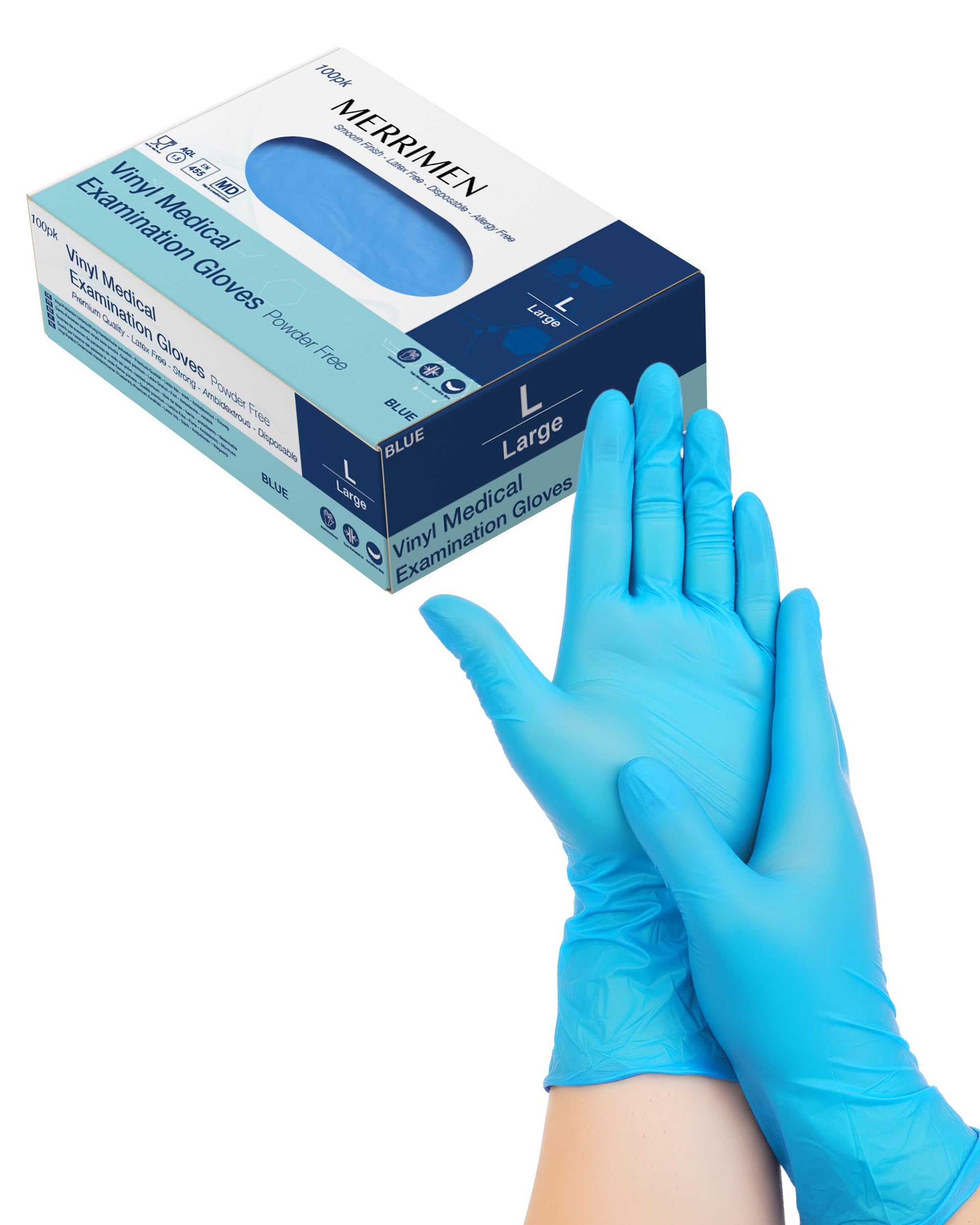 Merrimen | Gloves, disposable gloves, Multi purpose & extra strong, Powder free vinyl gloves, Box of 100 Blue, 1 Pack L