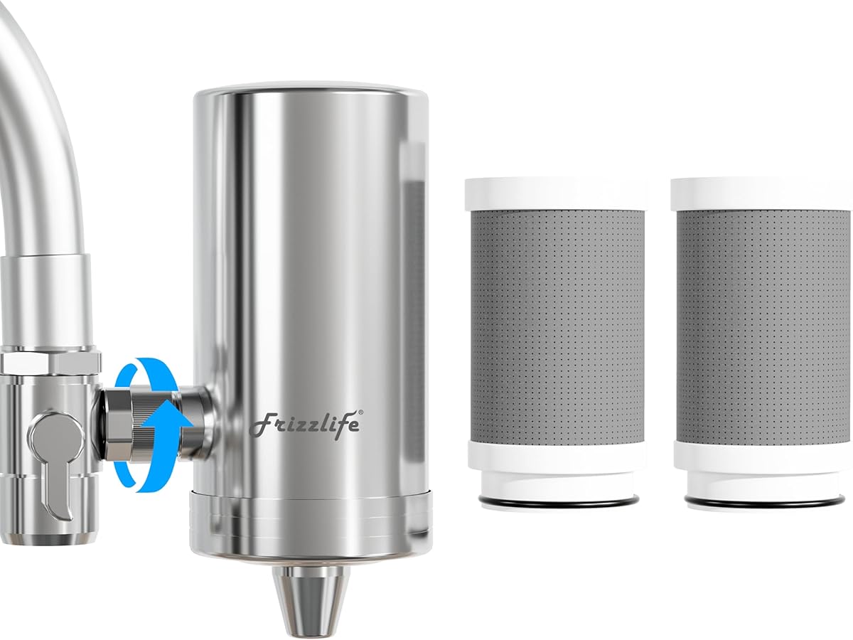 Frizzlife FS99 Water Filter for Sink Faucet, Certified Reduce 99.9% Lead,Heavy Metal For Skin Care, 360° Rotating＆304 Stainless Steel Tap Water Purifier for Kitchen/Bathroom, With 2 Filter Replacement