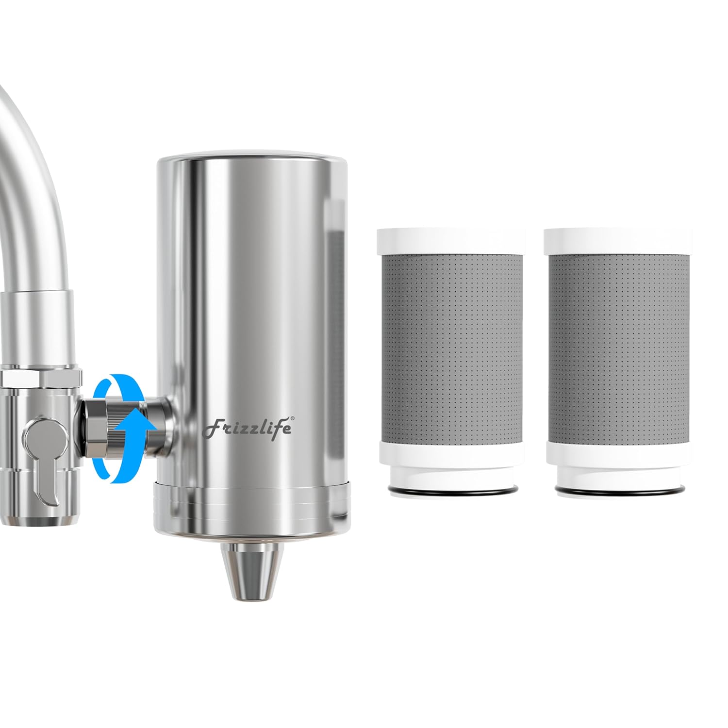 Frizzlife FS99 Water Filter for Sink Faucet, Certified Reduce 99.9% Lead,Heavy Metal For Skin Care, 360° Rotating＆304 Stainless Steel Tap Water Purifier for Kitchen/Bathroom, With 2 Filter Replacement