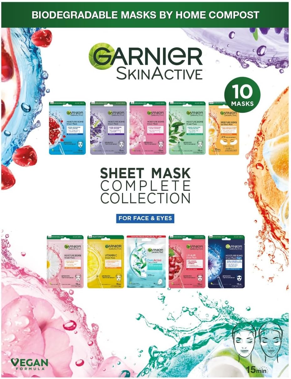Garnier Sheet Masks Complete Collection, Set of Sheet Masks for Face and Eyes, With Natural Plant Extracts, Hyaluronic Acid Serum and Vegan, Biodegradable Tissue, SkinActive, 10 Pieces