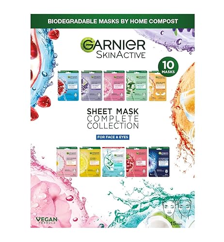 Garnier Sheet Masks Complete Collection, Set of Sheet Masks for Face and Eyes, With Natural Plant Extracts, Hyaluronic Acid Serum and Vegan, Biodegradable Tissue, SkinActive, 10 Pieces - Complete collection 10 pack