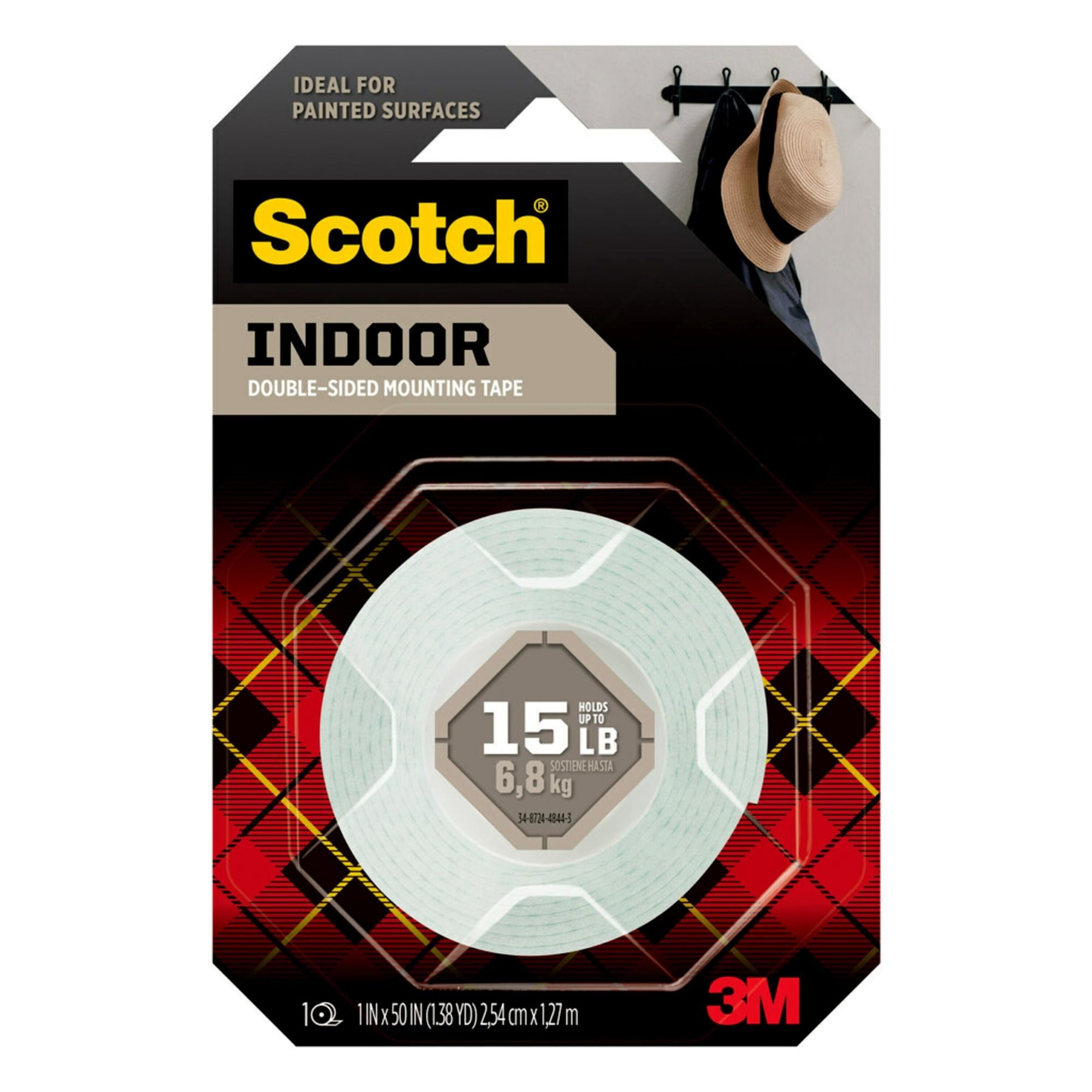 ScotchMount Indoor Tape 1 in x 50 in (2.54cm x 1.27m), 1 roll/pack | Holds up 6.8 kg whole roll | White color | Multi-Surface | Easy to use | No Tools | Double Sided Adhesive Tape