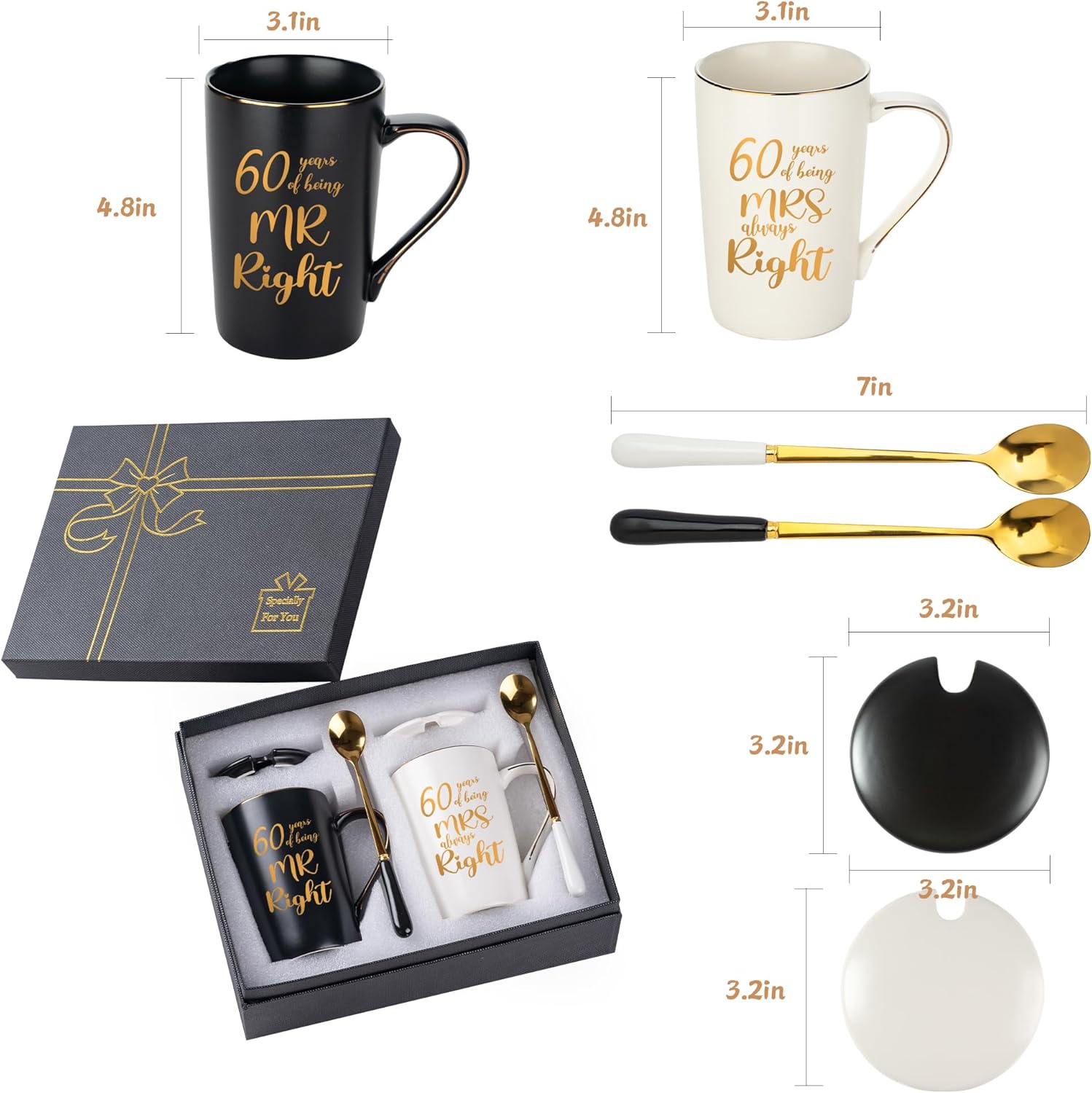 60th Wedding Gifts, 60th Anniversary Engagement Gift Ideas, 60 Years of Being Mr & Mrs Always Right Mug Set, Wedding Gifts Ideas for Couple Parents, 14 Oz with Lids and Gift Box - Image 6