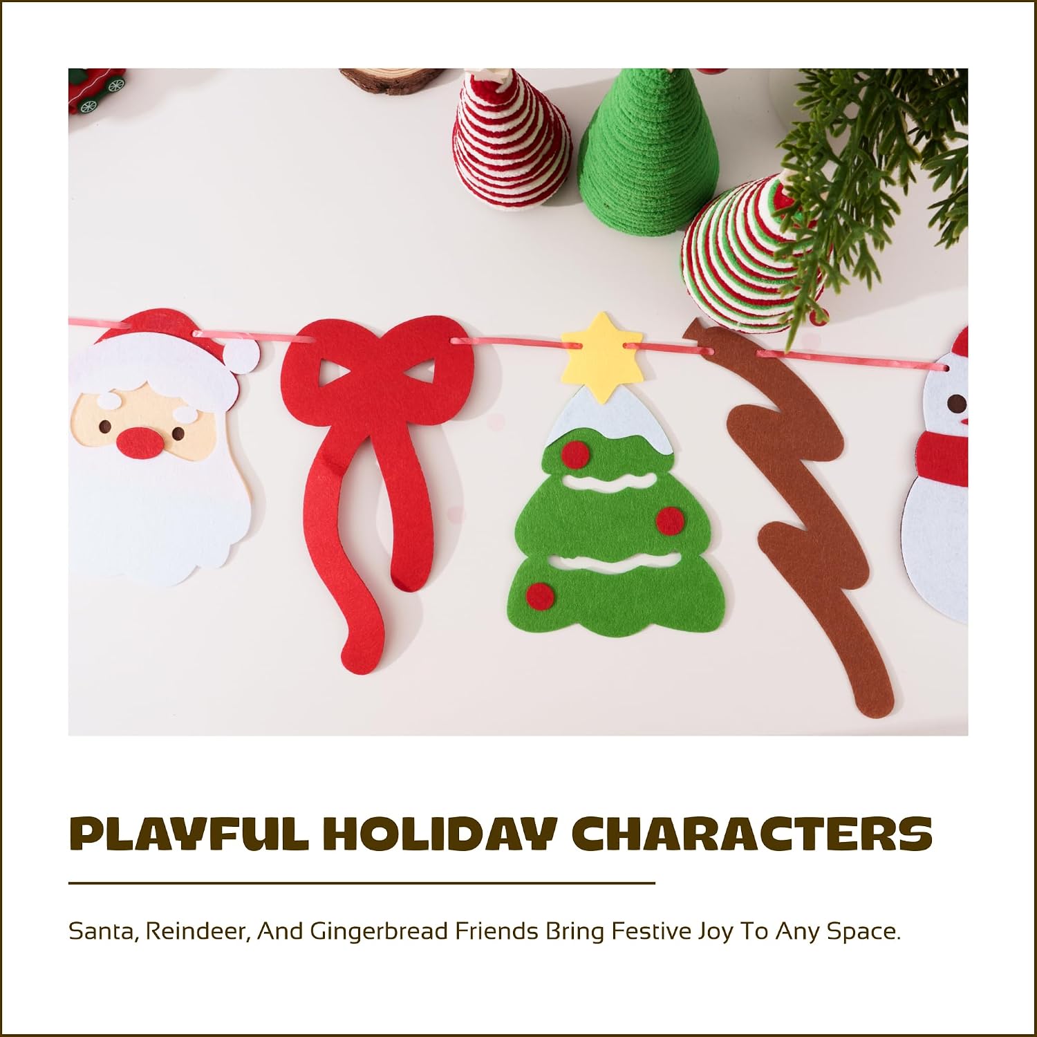 Felt Christmas Banner Garland Decorations - Santa Reindeer Snowman Gingerbread Character Bunting for Holiday Party Indoor Outdoor Xmas Décor