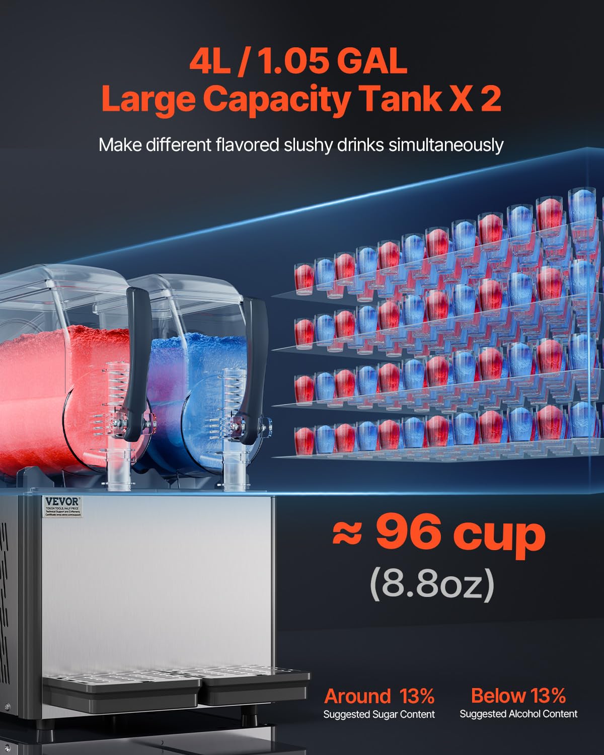VEVOR kommerzielle Slush-Maschine 4 L x 2 Doppeltank Slush-Eismaschine Slushy Machine für gefrorene Getränke, 32 Tassen Margarita-Smoothie-Maschine für Partys zu Hause Restaurants Cafés Bars
