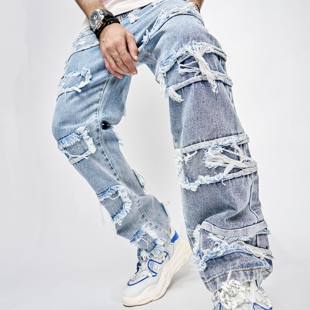 Mens Ripped Jeans Wide Leg Distressed Destroyed Jeans Denim