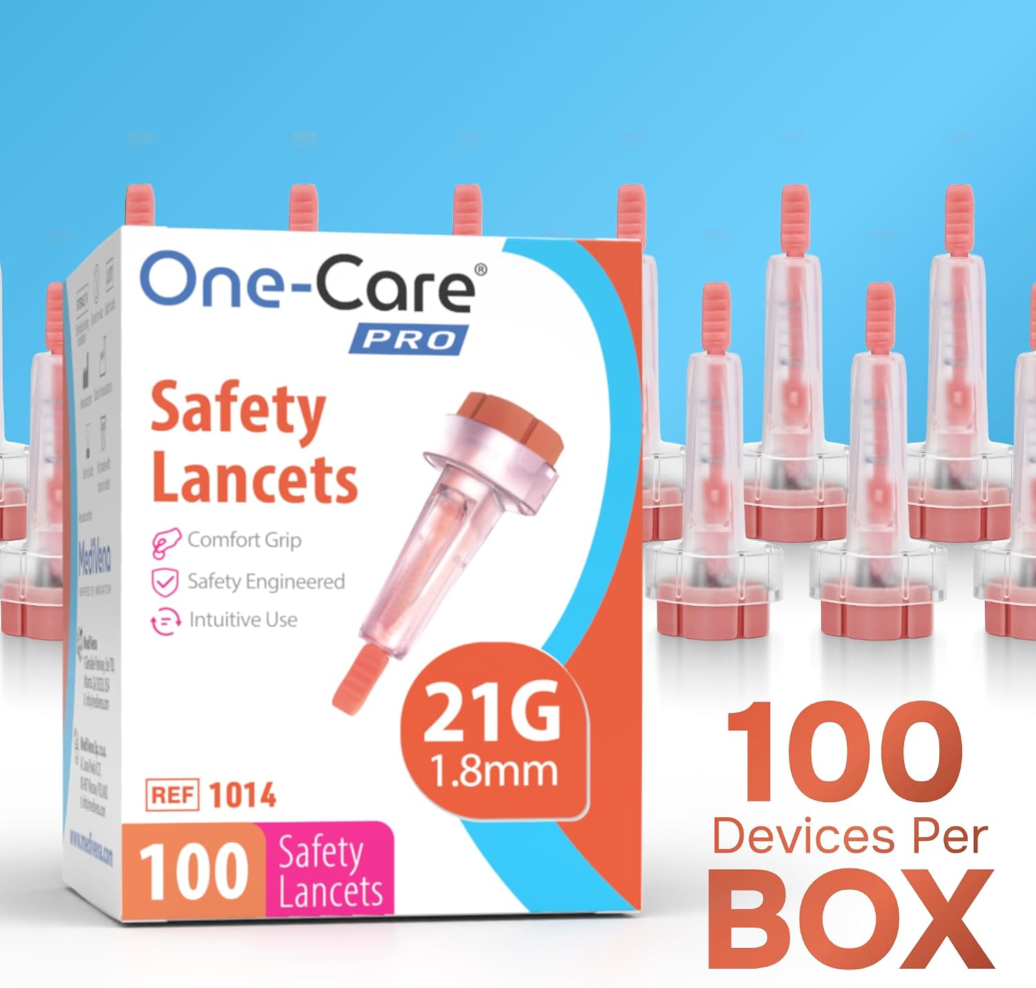 ONE-CARE PRO Safety Lancets, Top Push Button Activated, 21G x 1.8mm, 100/bx, Sterile, Gentle & Convenient Sampling