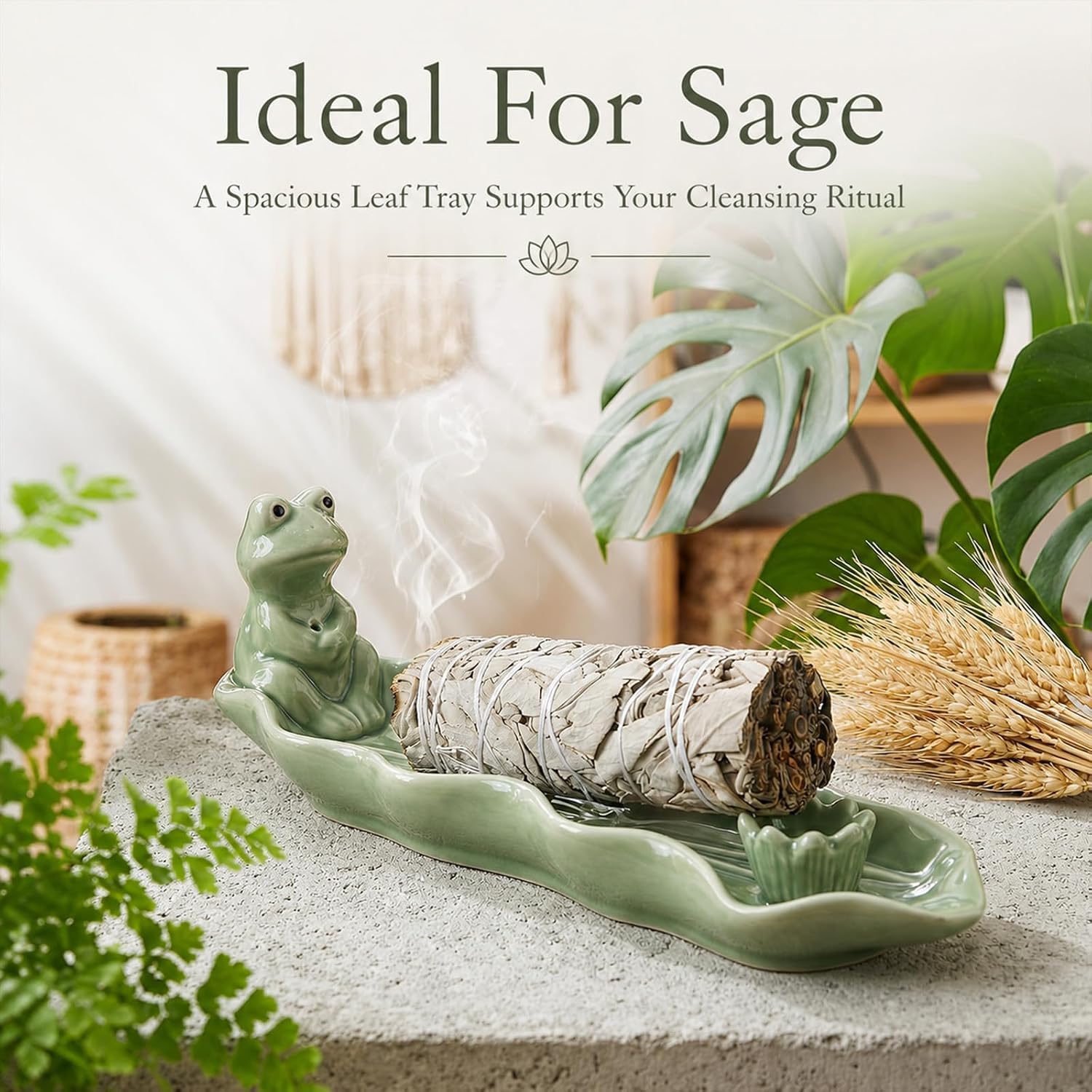 Frog Incense Holder for Sticks, Handmade Ceramic Holder for Burning Sage Sticks, Palo Santo, Cone and Backflow, Incense Burner for Meditation Room Home Decor, Frog Spiritual Gifts for Women