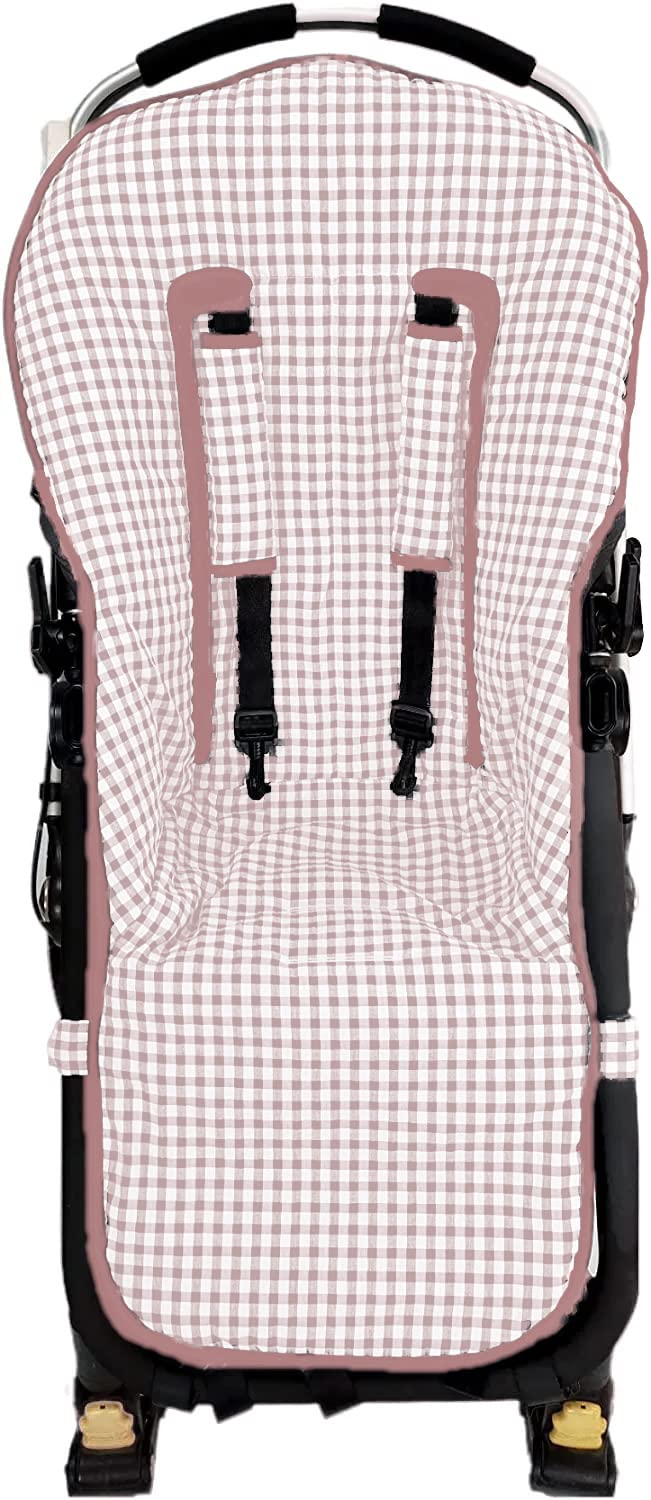 Colchoneta o funda compatible con Bugaboo Camaleon, Buffalo, Fox + Protector de arneses. (Acolchado, Vichy rosa maquillaje)