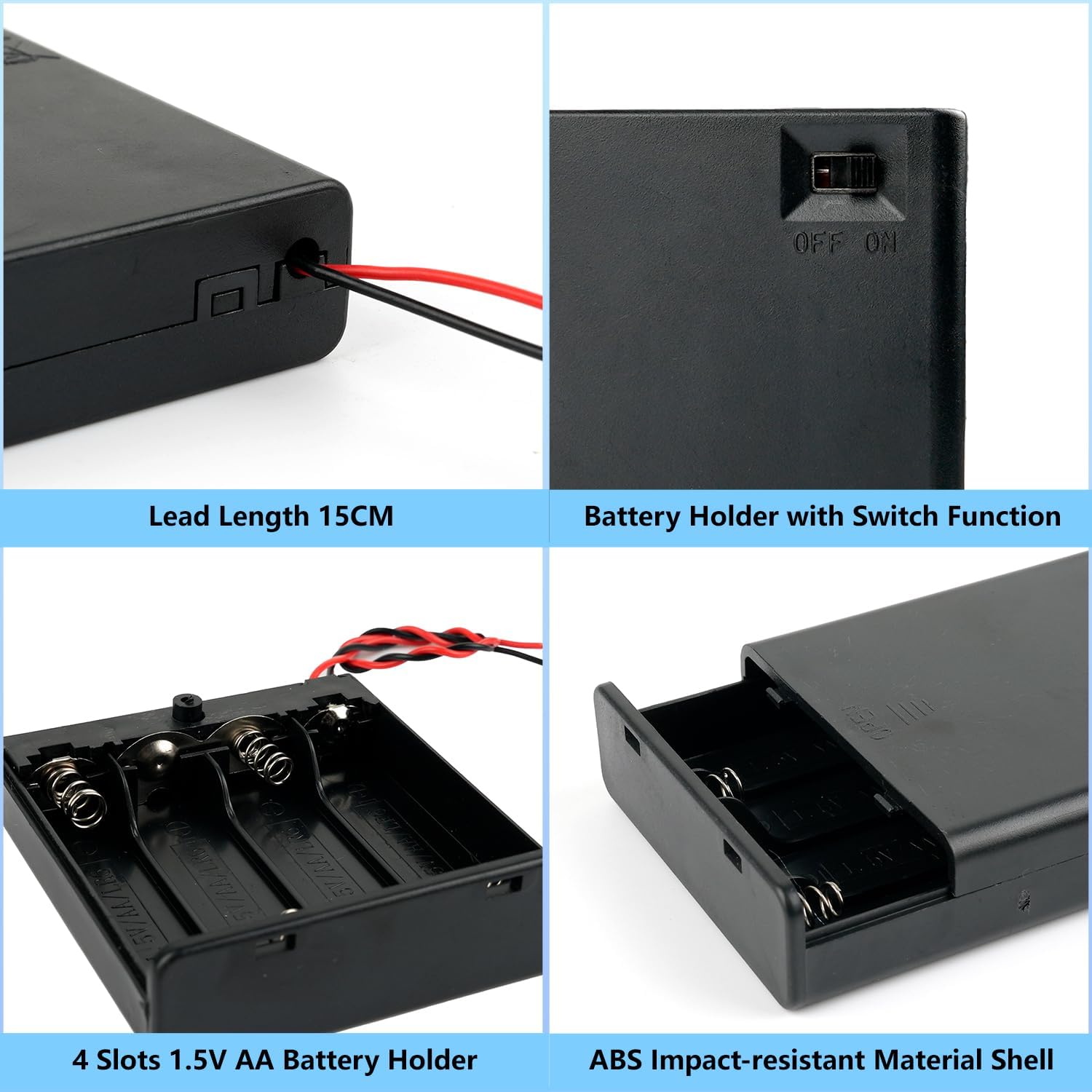 4pcs 4 Cell AA Battery Holder with ON/Off Switch 6V Plastic Battery Case Holder Case with Cover 4 Slots 1.5V AA Battery Storage Box with Wire Leads