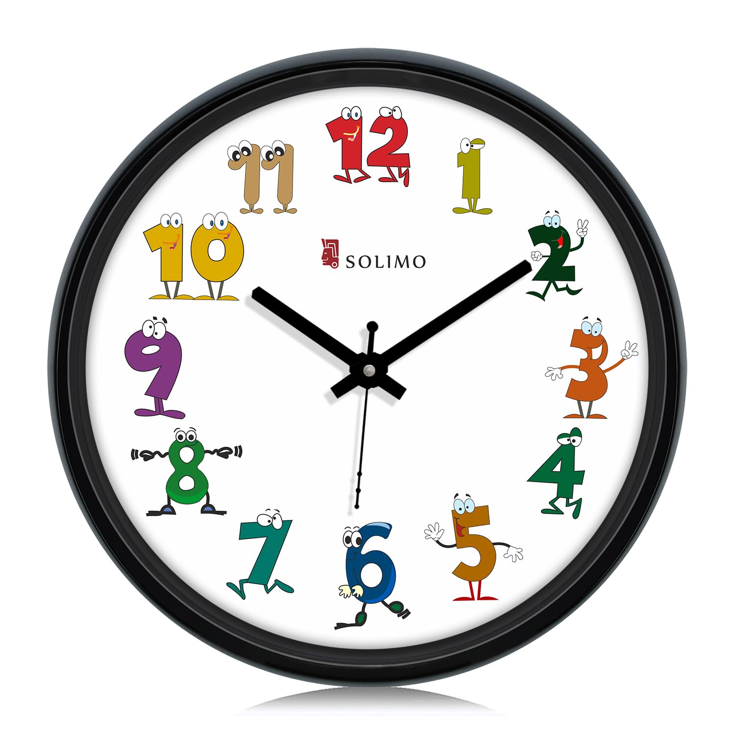 Amazon Brand - Solimo 12-inch Kids' Plastic & Glass Wall Clock (Silent Movement, Black Frame)