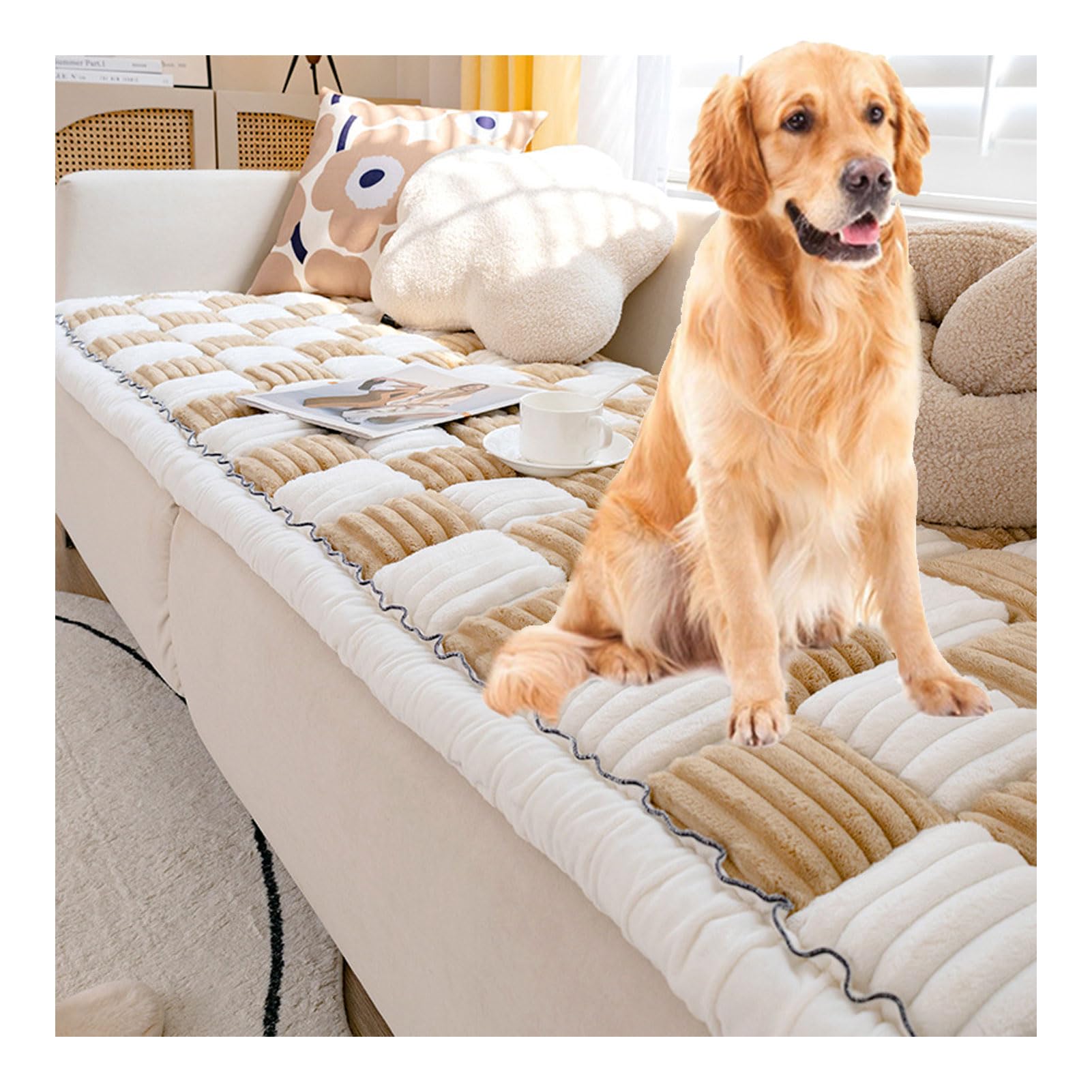 Funnyfuzzy Cream-Coloured Large Plaid Square Pet Mat Bed Couch Cover - Furniture Protector for Dog, Cat - Funny Fuzzy Couch Cover, Blanket Sofa - Mattress Protector — image 1