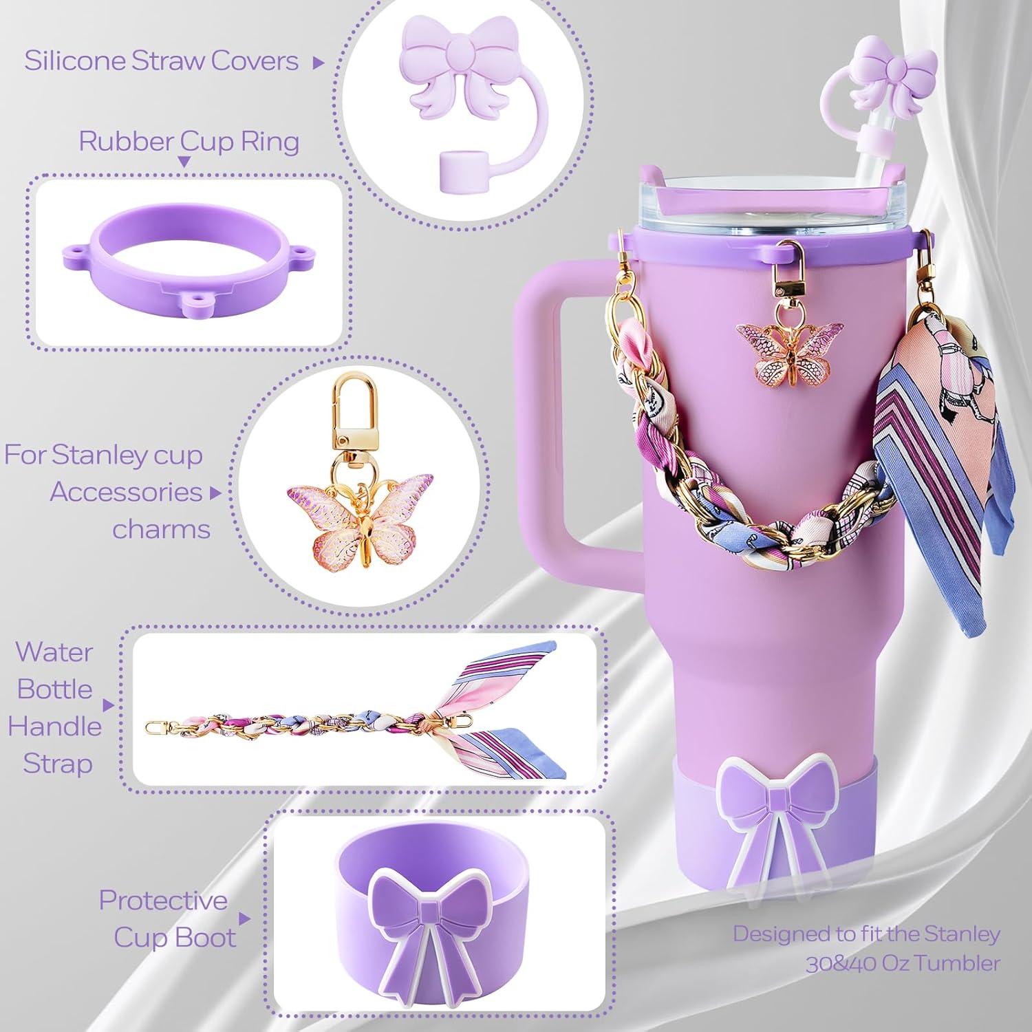 OFFCURVE 5PCS Butterfly Cup Accessories for Stanley Owala, Water Bottle Handle Strap for Stanley 30/40 oz, Including Straw Toppers, Silicone Cup Boot, Keychain Charms, Cup Decoration for Women Girls - Image 4