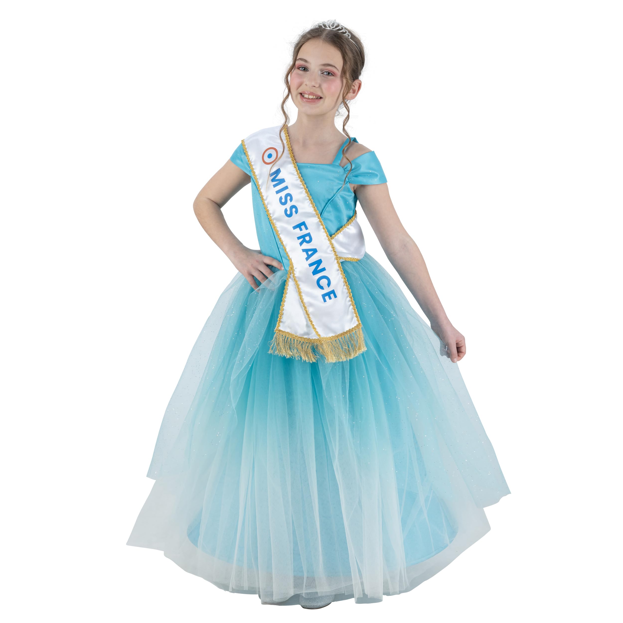 Chaks - Miss France Kinderkostüm, Kleid und Zubehör | Offizielles Miss France Kostümset, 3-teiliges Set mit Kleid, Diadem und Schärpe für Karneval und Events