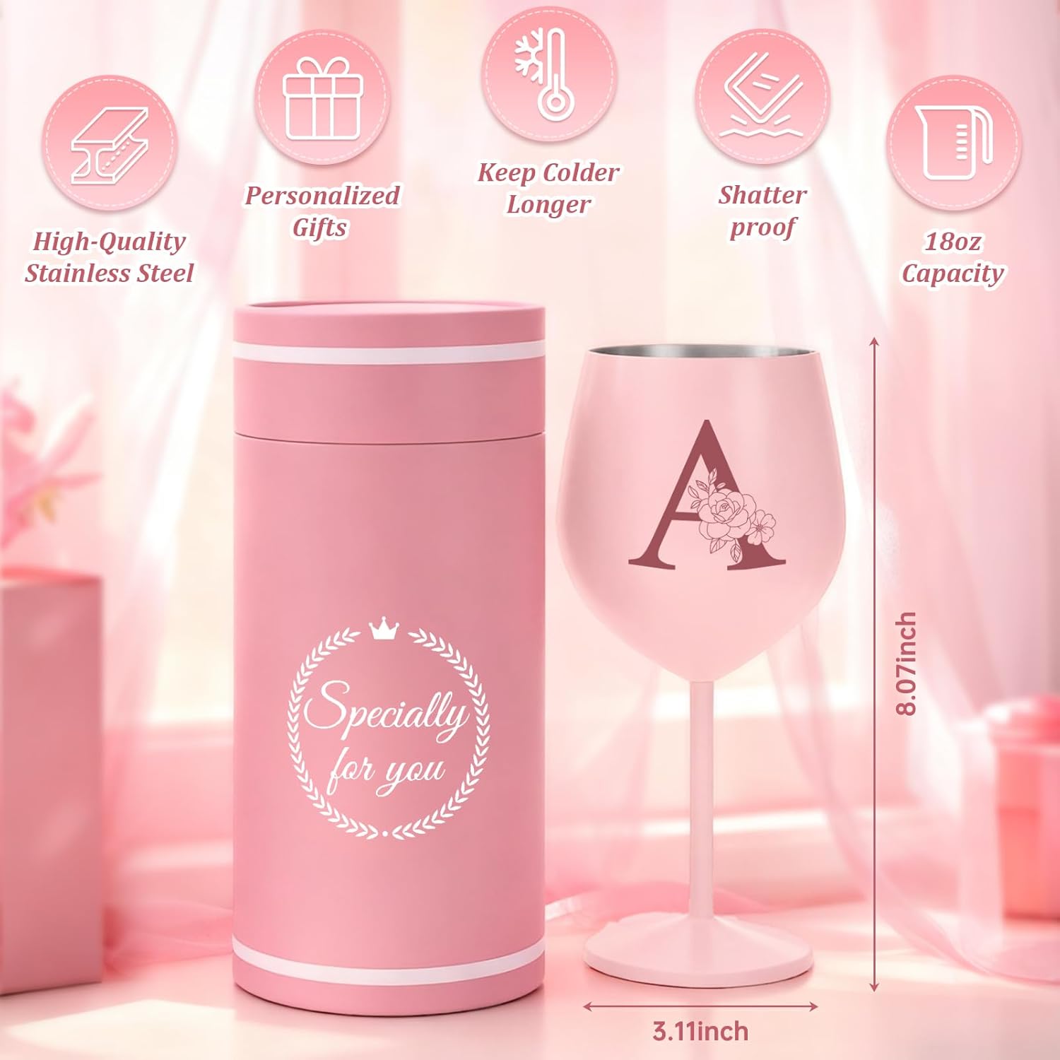 Lifecapido Personalized Gifts for Women, A Initial Gift Stainless Steel Custom Wine Glasses with Wine Bag and Card, Initial Birthday Christmas Monogrammed Gifts for Women - Image 7