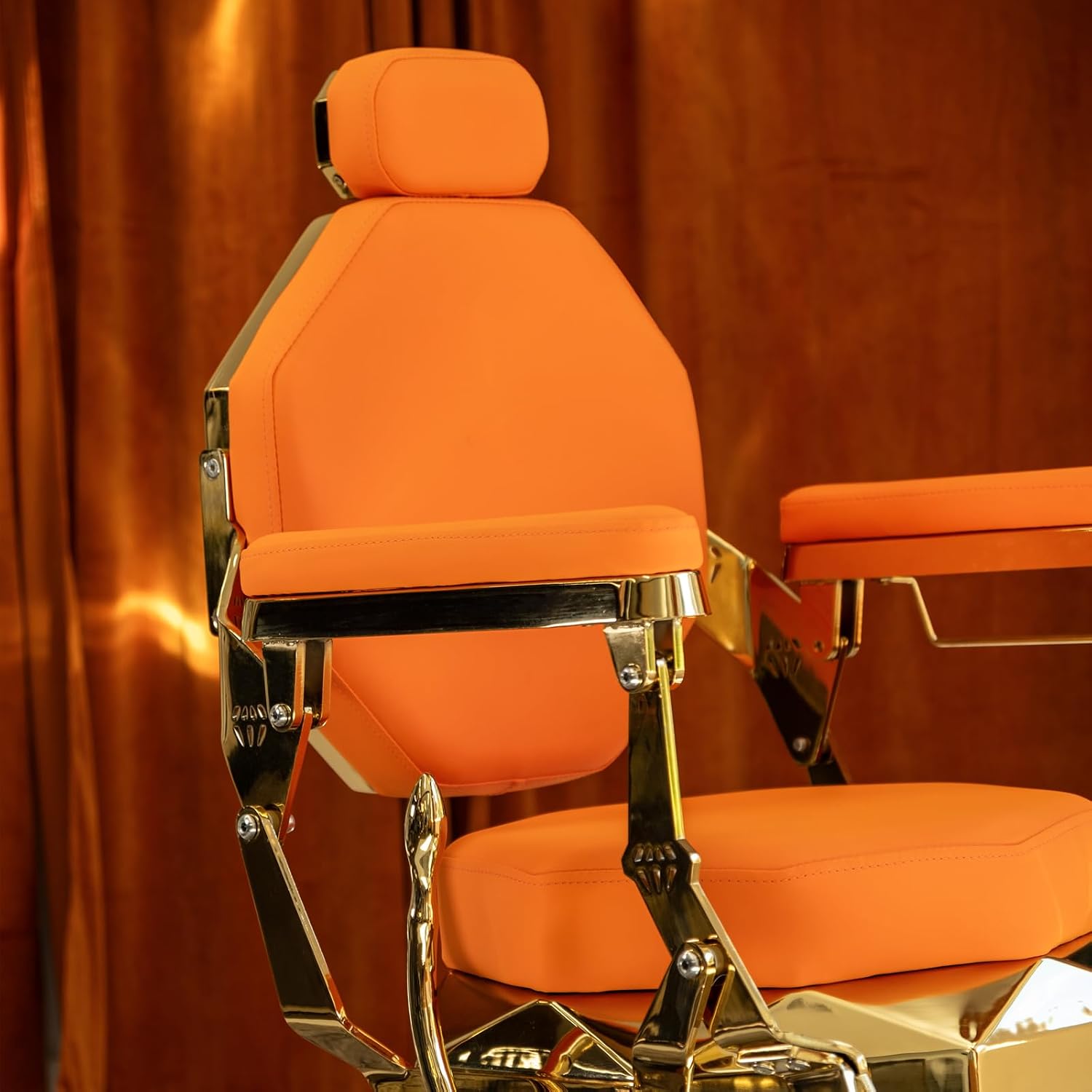 LEON Barber Chair Diamond Shape Seat Cushion and Backrest, Reclining Heavy Duty Barber Chair, Orange Seat Gold Frame