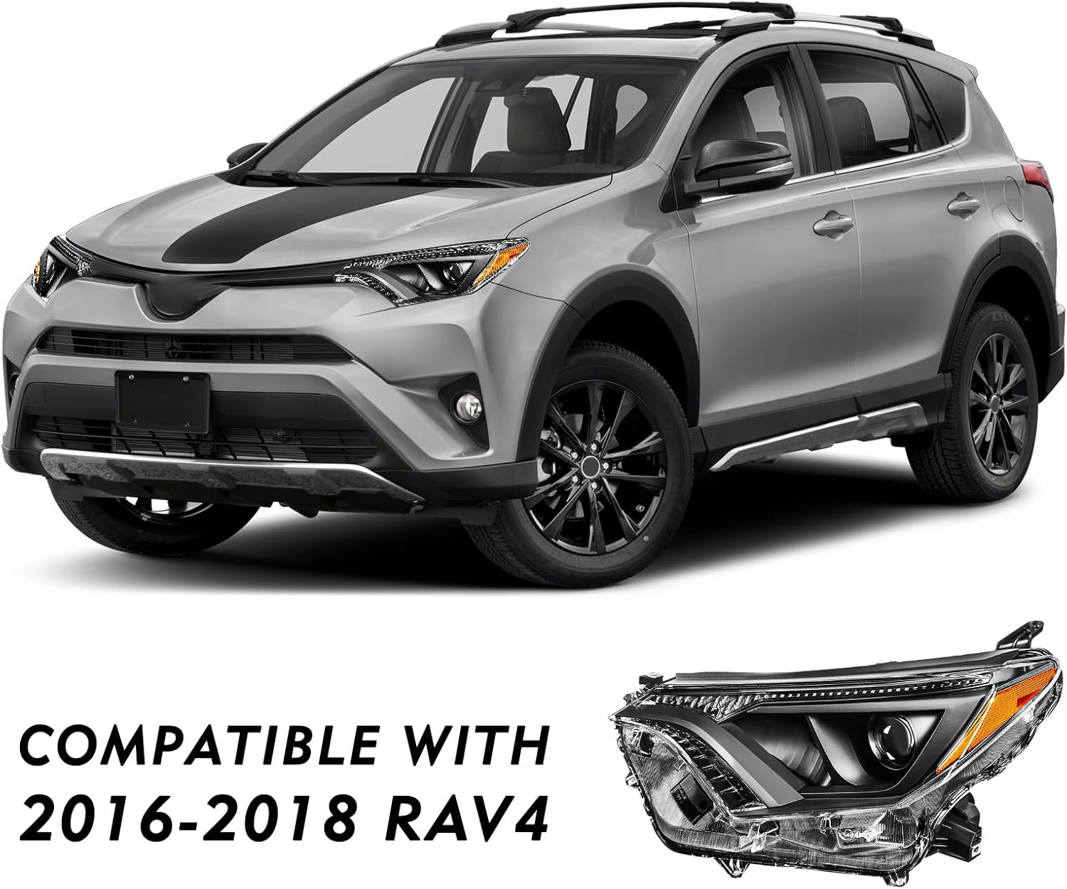 TUSDAR Headlight Assembly w/o LED fits For 2016 2017 2018 Toyota RAV4 16 17 18 Halogen Headlamp Left Driver and Right Passenger Side Black Housing with Amber Reflector