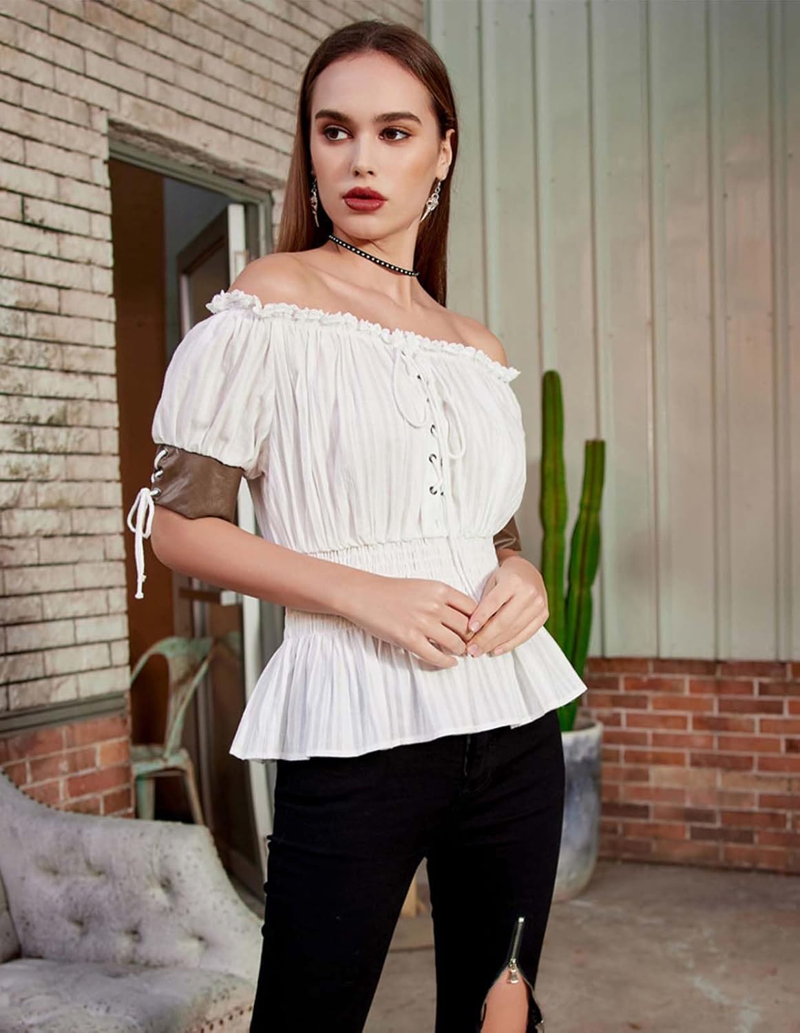 Belle Poque Women Renaissance Off Shoulder Blouse Smocked Waist Pirate Shirt Peplum Tops - Image 3