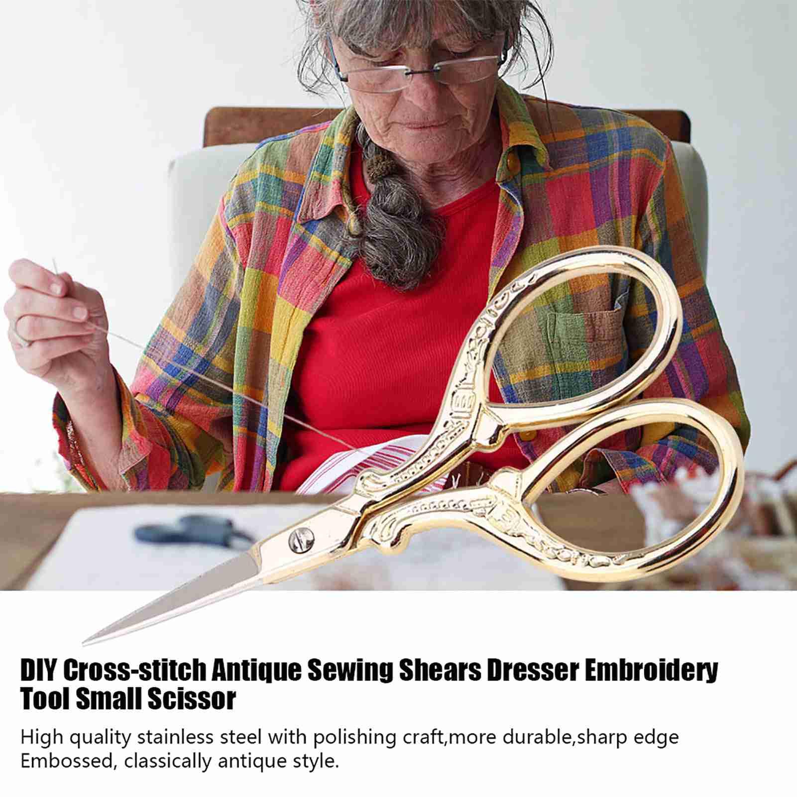 Embroidery Scissors, DIY Cross Stitch Antique Sewing Shears Small Embroidery Scissor Tool for Needlework, Embroidery, Sewing, Craft (Gold)