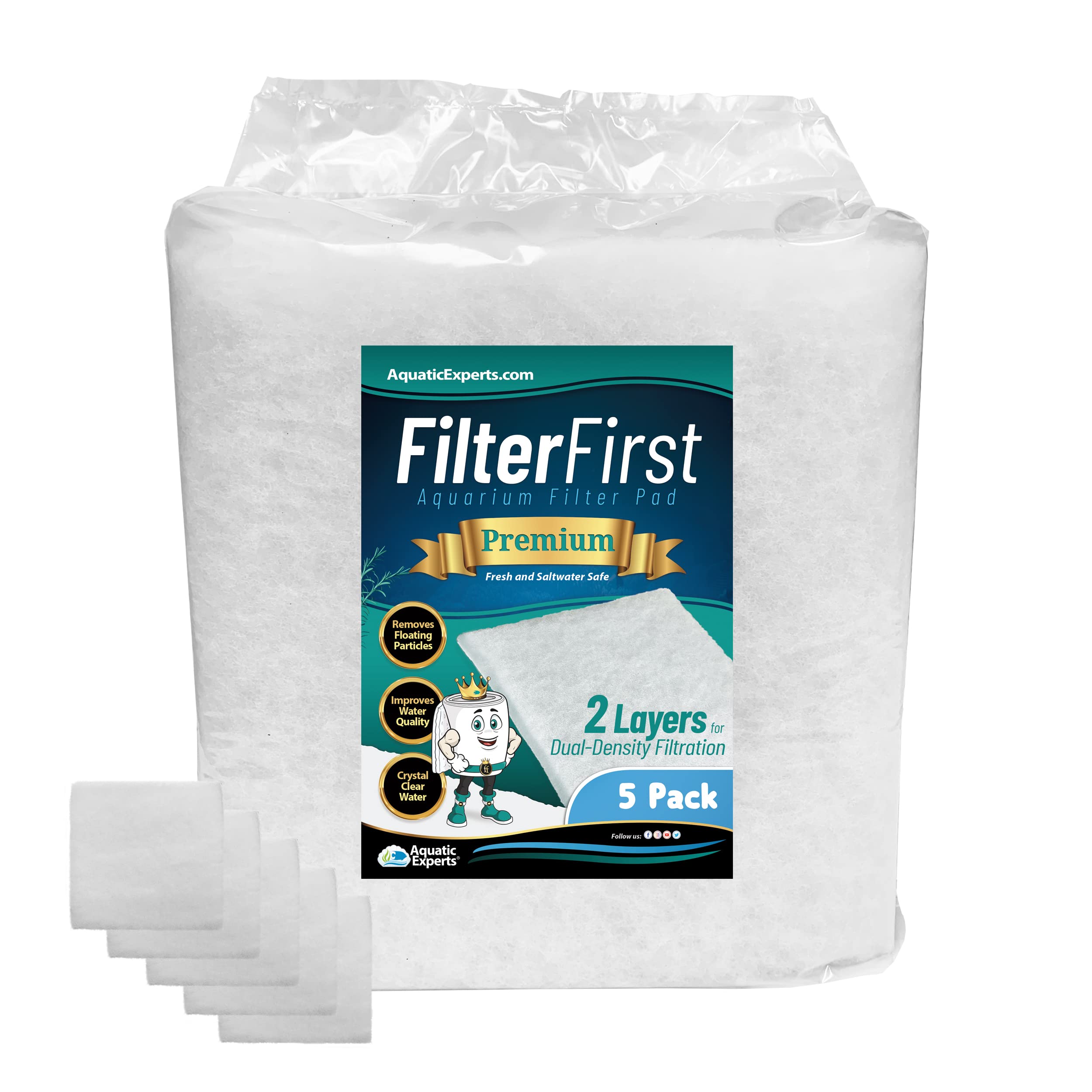 Aquatic Experts Aquarium Filter Floss for Fish Tank Filters - FilterFirst Aquarium Filter Pad - Media Roll for Crystal Clear Water, 3/4" - 1" Thick (12 Inch Wide, 12 Inch Long - 5 Pack)