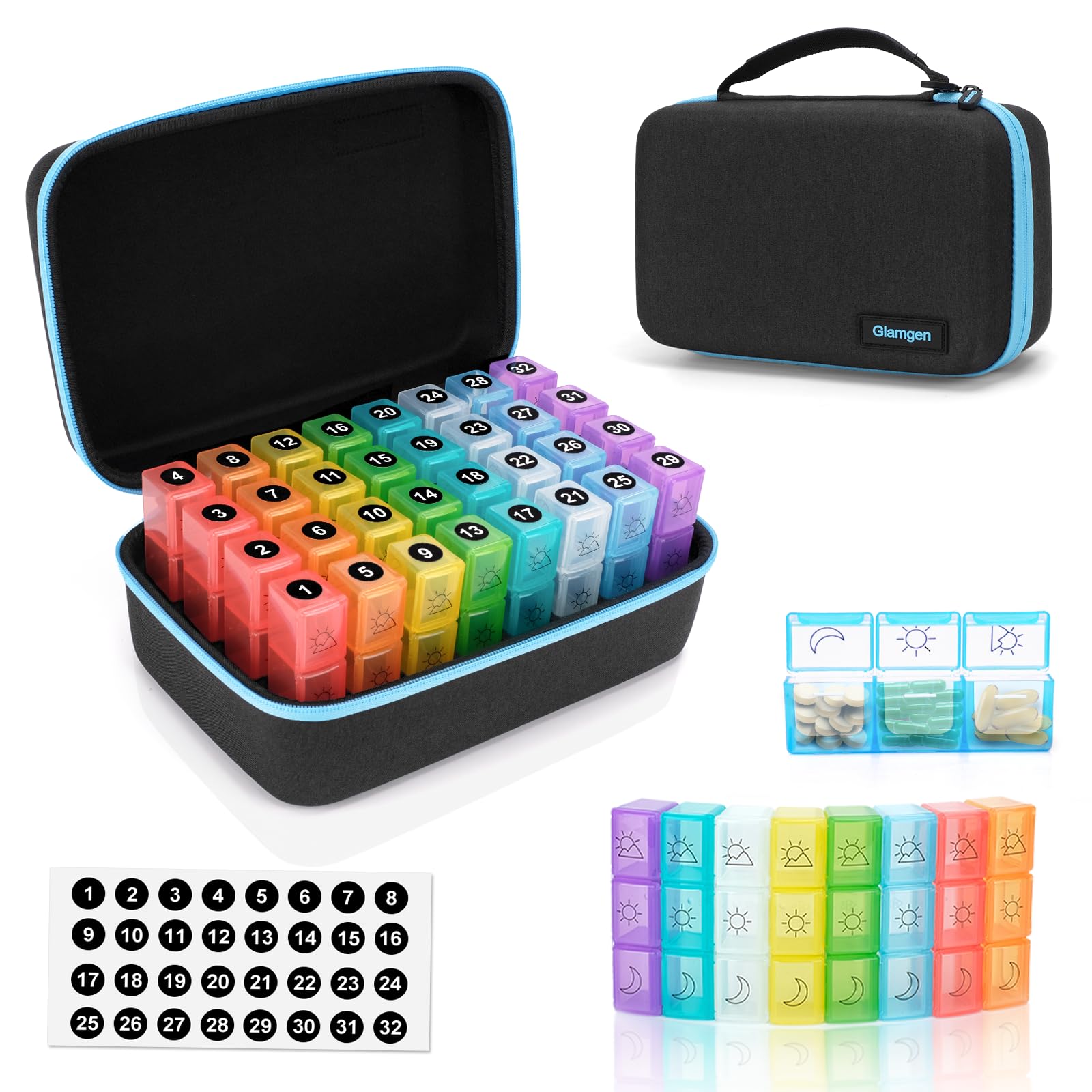 Pilulier mensuel 3 fois par jour avec étui de voyage portable, 32 compartiments quotidiens pour vitamines, suppléments et médicaments