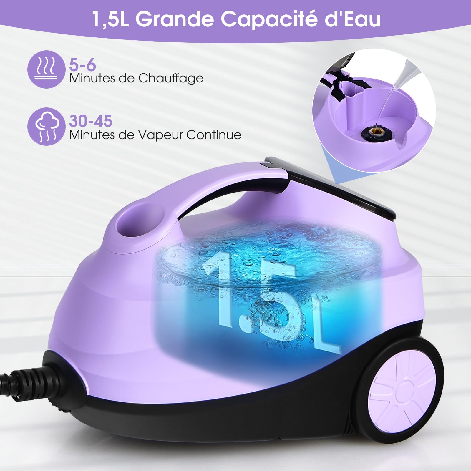 GOPLUS - Limpiador de vapor, 19 accesorios, presión 4 bar, potencia 2000 W, con depósito de agua, 1,5 L, escoba vapor, para alfombras, ventanas, vidrio y cortina, viiolet