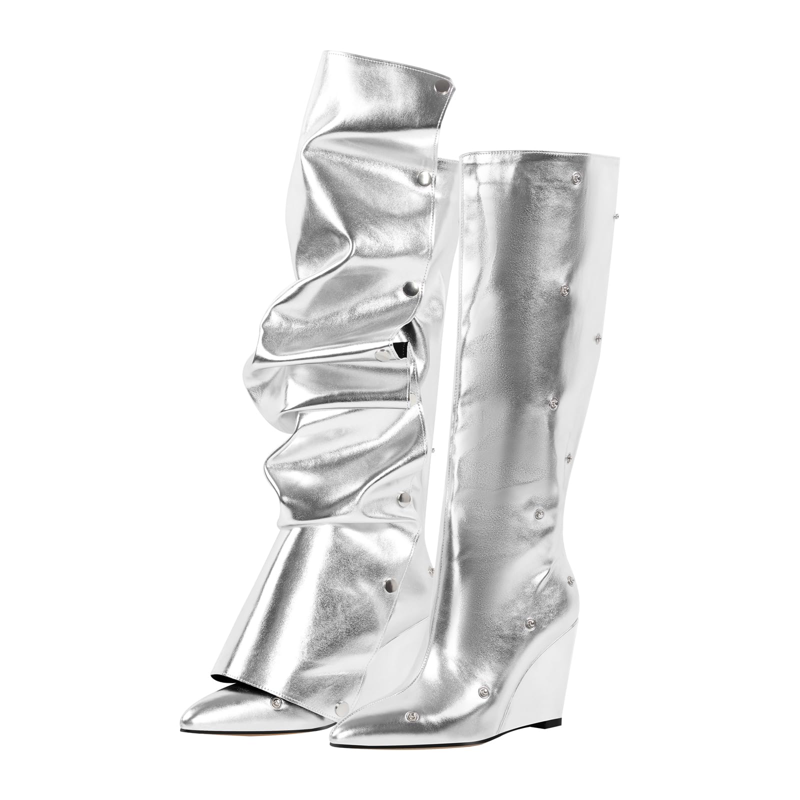 Rhineshell Women's Pointy Toe Wedge High Heels Knee High Boots Slouchy Ruched Boot Shoes