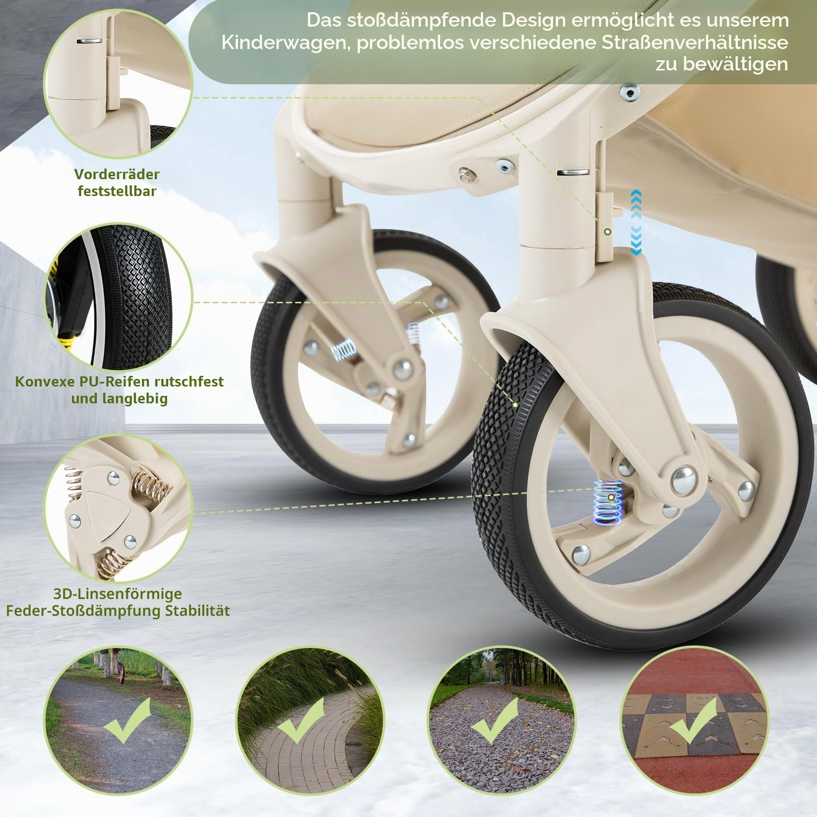 Zkiprm 3-in-1-Kinderwagen, 3-in-1-Reisesystem mit Autositz, mit Regenschutz, Aluminiumrahmen, Stadtwagen, faltbar, mit einer Hand, für Kinder von 0-4 Jahren,Khaqi
