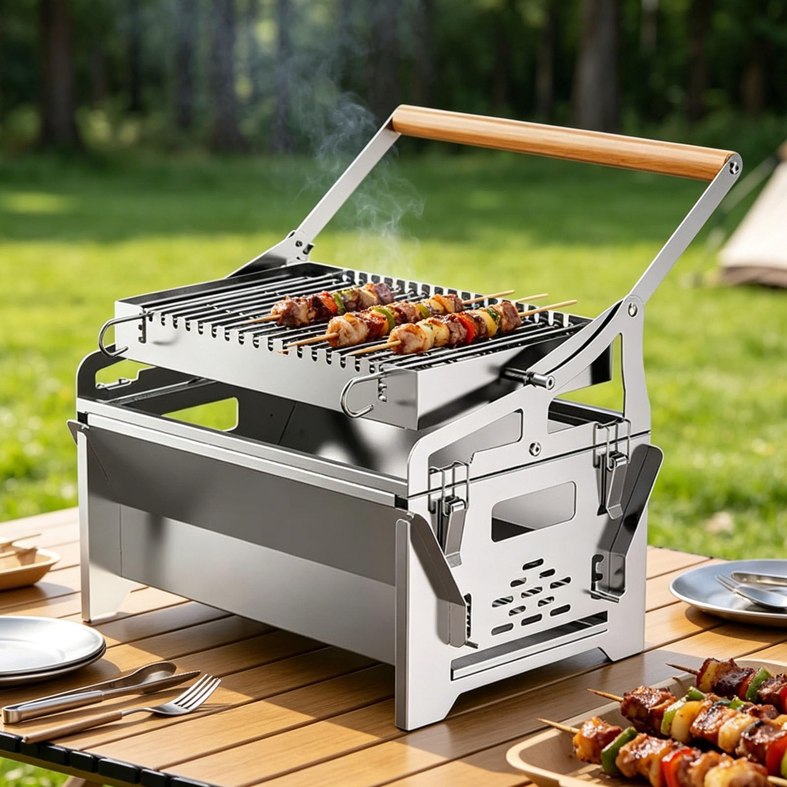 PioMue Portable 360° Rotating Charcoal Grill with Auto-Flipping Basket, Stainless Steel Flipping Barbecue Grills,Detachable Barbecue Grill for Picnic, Yard, Party