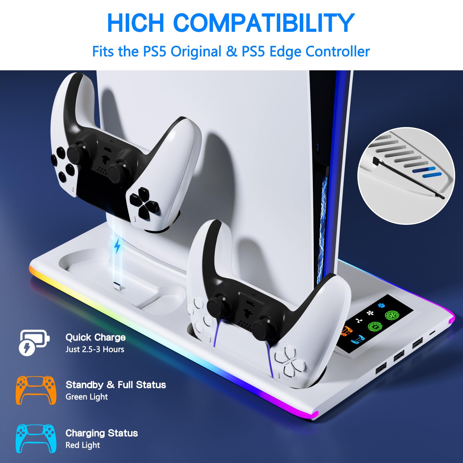 PS5/PS5 Slim Ständer mit 3 Stufig Lüfter und 3 USB Anschlüsse, PS5 Standfuß mit RGB Licht, PS5 Controller Ladestation, PS5 Halterung mit Headset Halter, für PS5 Zubehör, PS5 Digital/Disc Edition
