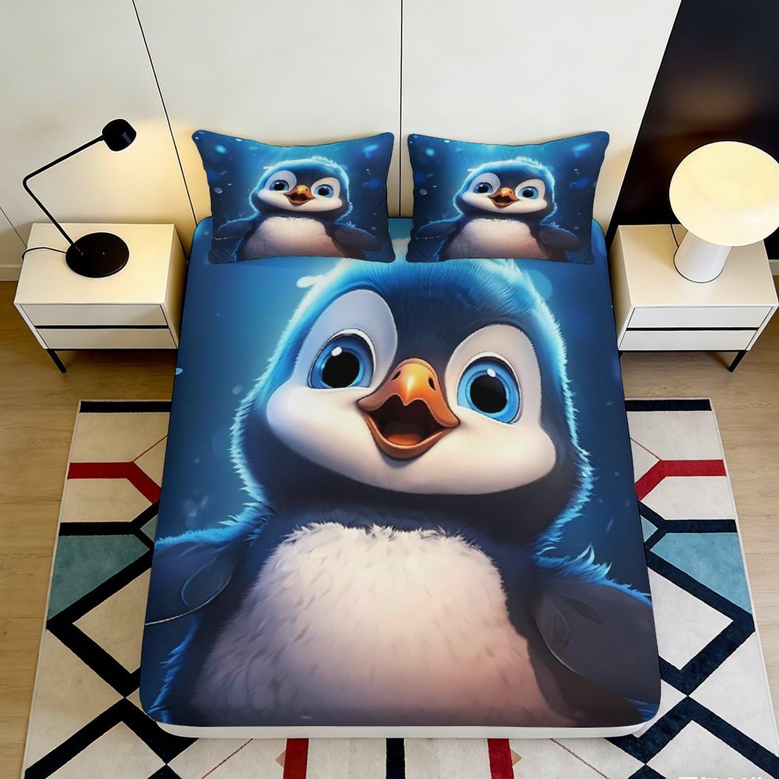3D Printed Cute Penguin Fitted Sheet Microfiber Soft Blue Cartoon Mattress Cover for Bedroom Guest Room Decor 90x200x25cm