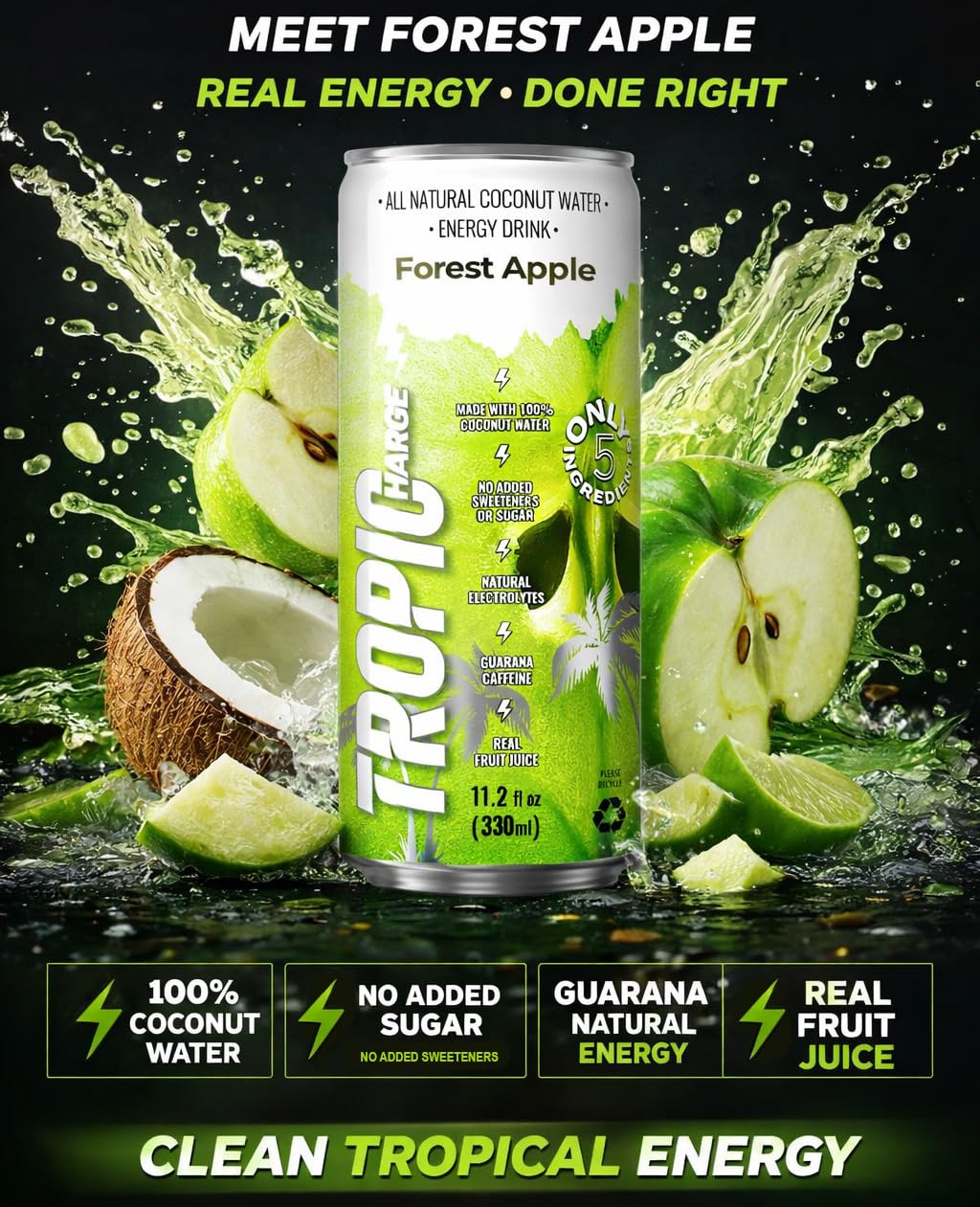 Tropicharge 100% Coconut Water Energy Drink with Guarana Extract (24 pack 330ml/6 flavours) - Zero Sweeteners or Added Sugar - All Natural - Passion Fruit, Forest Apple, Red Cherry, Lemon, Peach, Watermelon