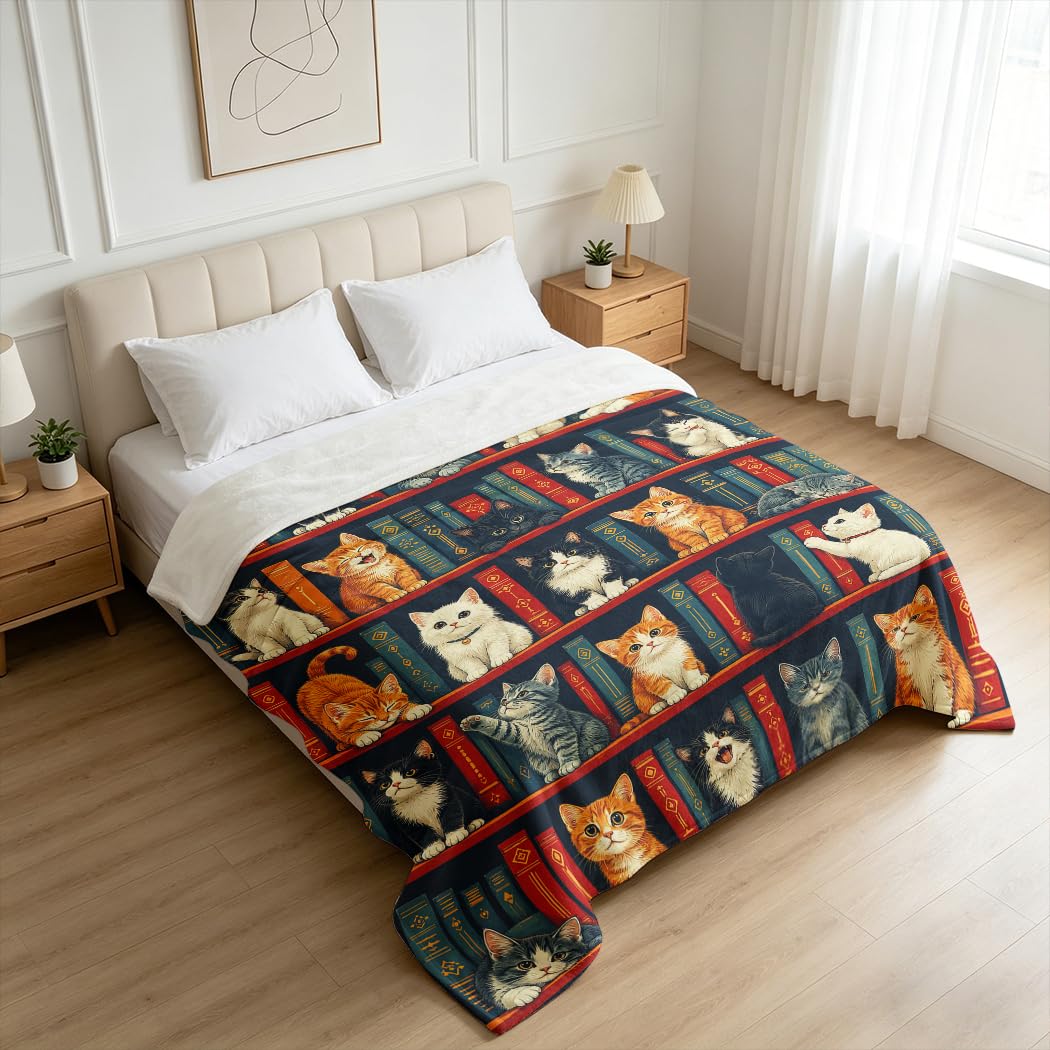 Zomer Morbida coperta in flanella, 150 x 200 cm, stile vintage, libreria, motivo gatti, morbida coperta da lettura, per amanti dei libri, per compleanno, Natale