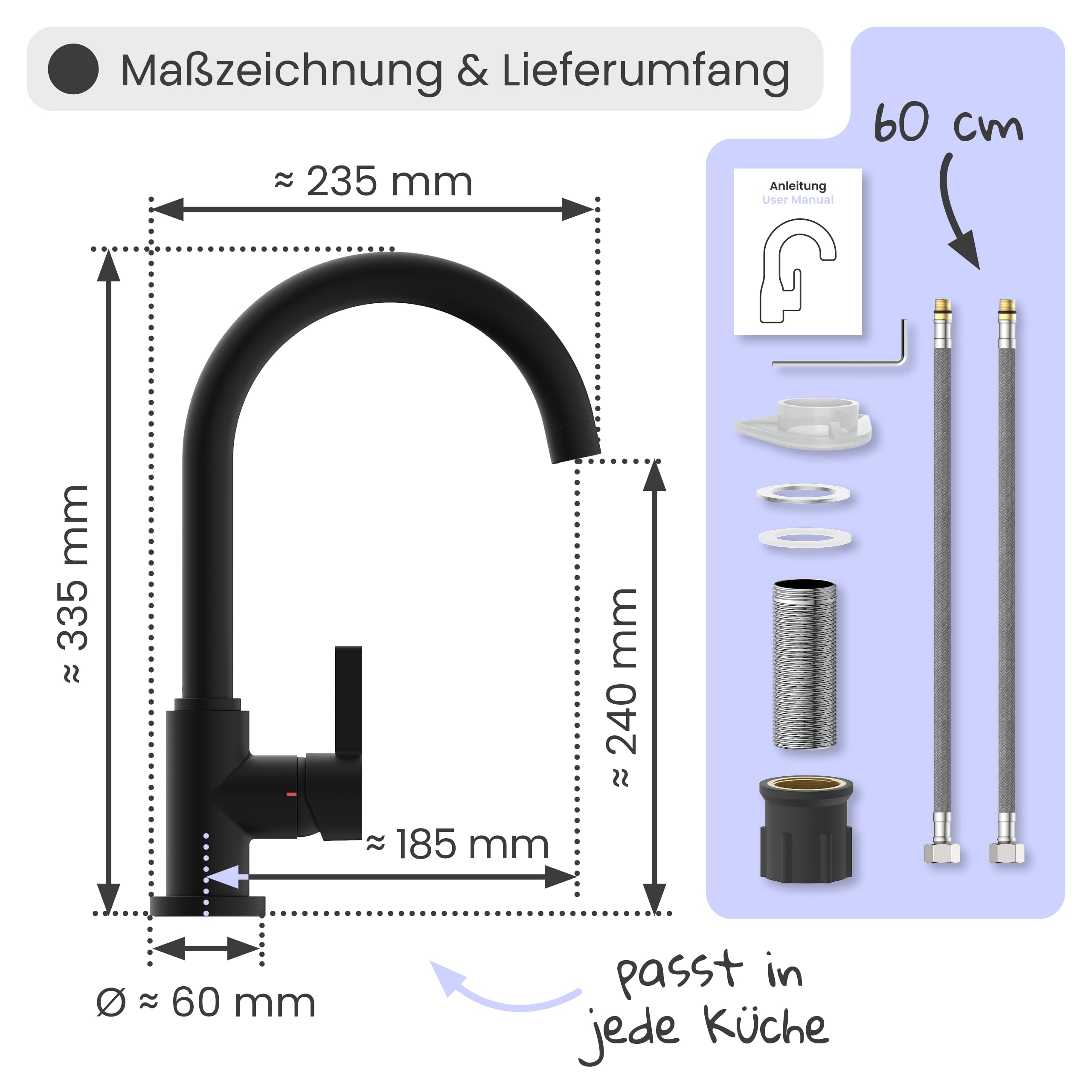 instmaier Leona | Küchenarmatur 360° schwenkbar | Schwarz matt |Wasserhahn Küche | Spültischarmatur mit hohem Auslauf | Armatur Spüle | Einhebelmischer | Mischbatterie