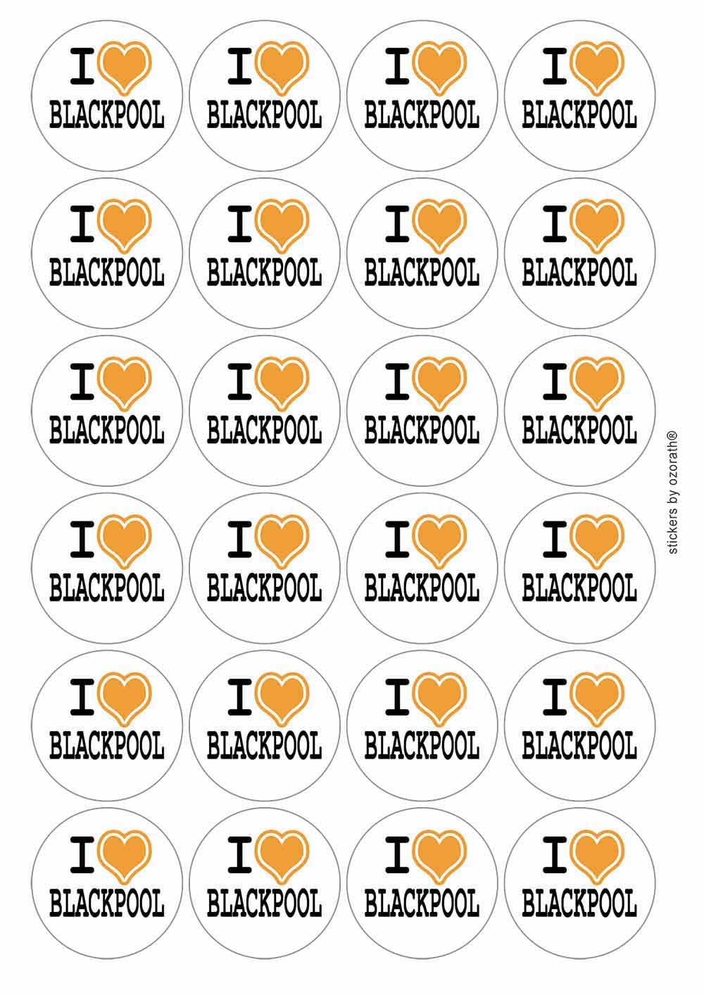 I Heart Love Blackpool Circular Matt Paper Stickers A4 Sheet of 24 (Each Sticker is 45mm Diameter)