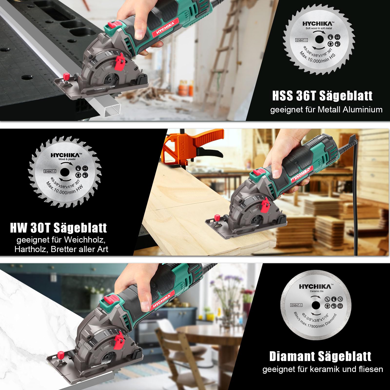 HYCHIKA Mini Kreissäge, Handkreissäge mit 3 Sägeblättern, Skalenlineal, 500W Motor aus reinem Kupfer, 4500RPM, Ideal für Holz-, Weichmetall-, Fliesen- und Kunststoffschnitte