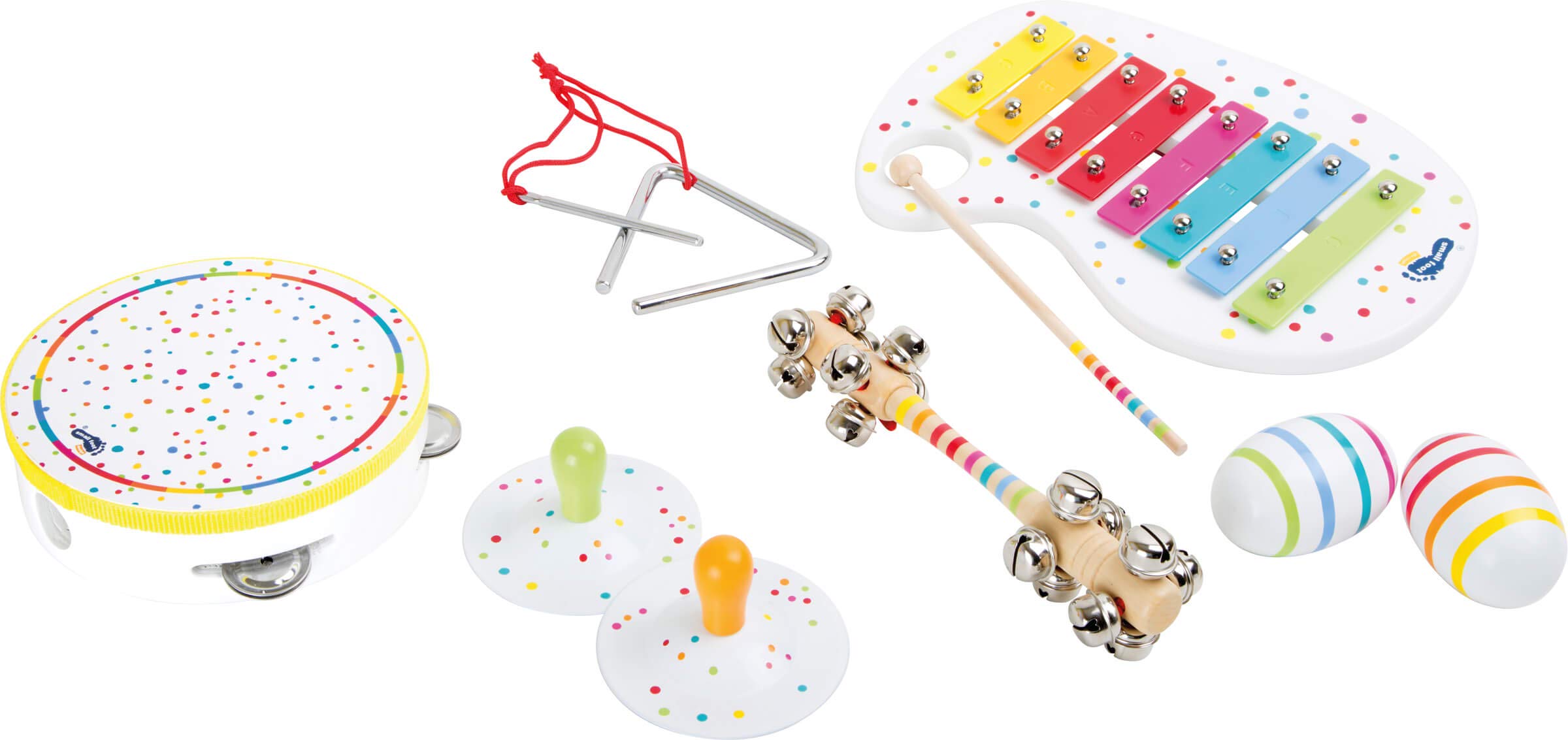 small foot 10383 Set musical "​Sound" en bois, Maracas, clochettes, xylophone, cymbale, tambourin ou triangle, à partir de 3 ans
