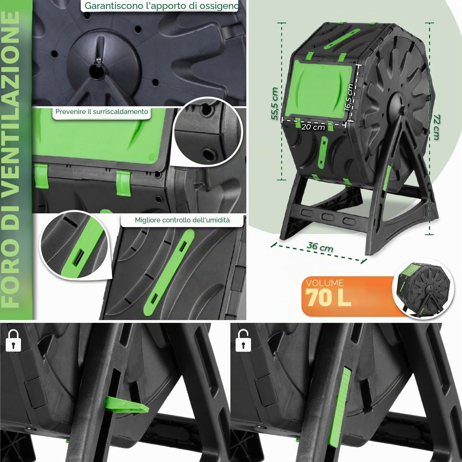 STREND PRO Mini Compostiera da Balcone 70 L - Piccola Compostiera da Giardino Con Tumbling per Compost Veloce e di Alta Qualità