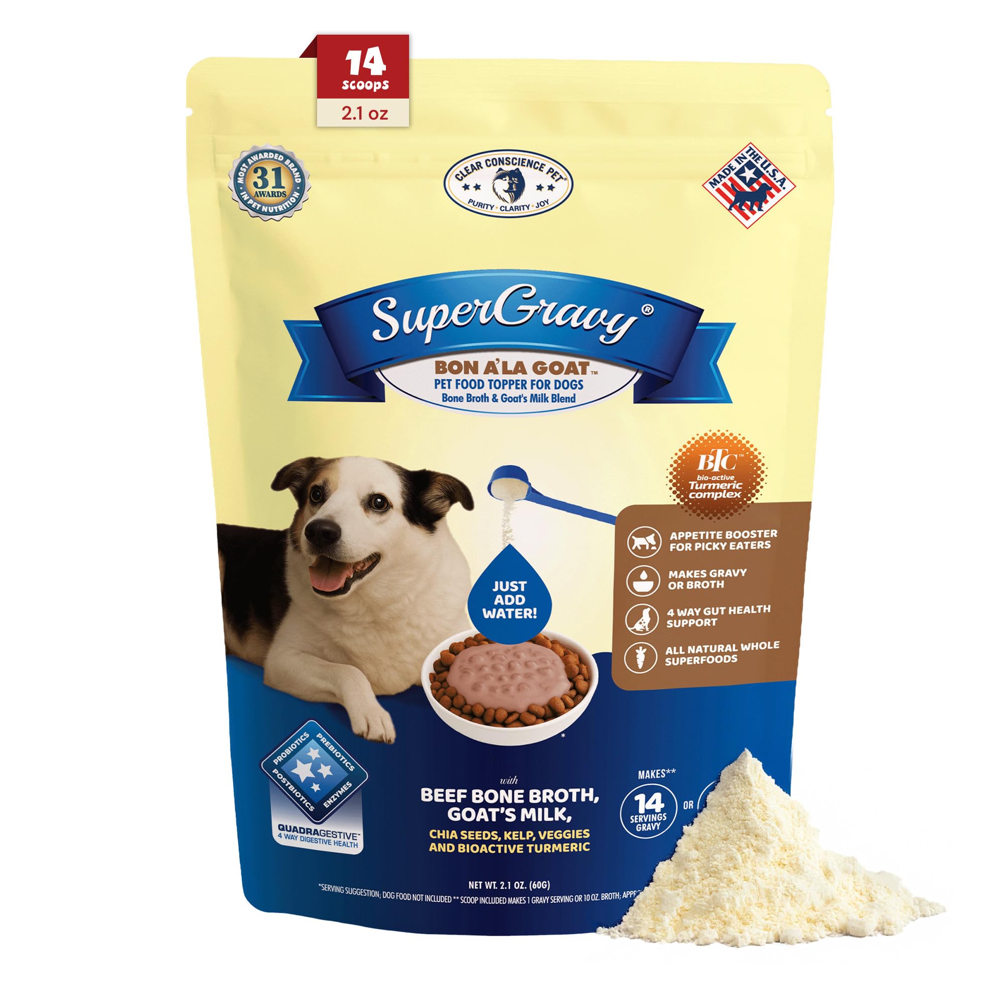 CLEAR CONSCIENCE PET® Bon A'la Goat SuperGravy® Dog Food Topper Hydration Broth Mix Greek Yogurt Cheese Blend Kibble Seasoning Probiotics Prebiotics Enzymes Taurine, 2.1 oz. 14 Scoops All Life Stage