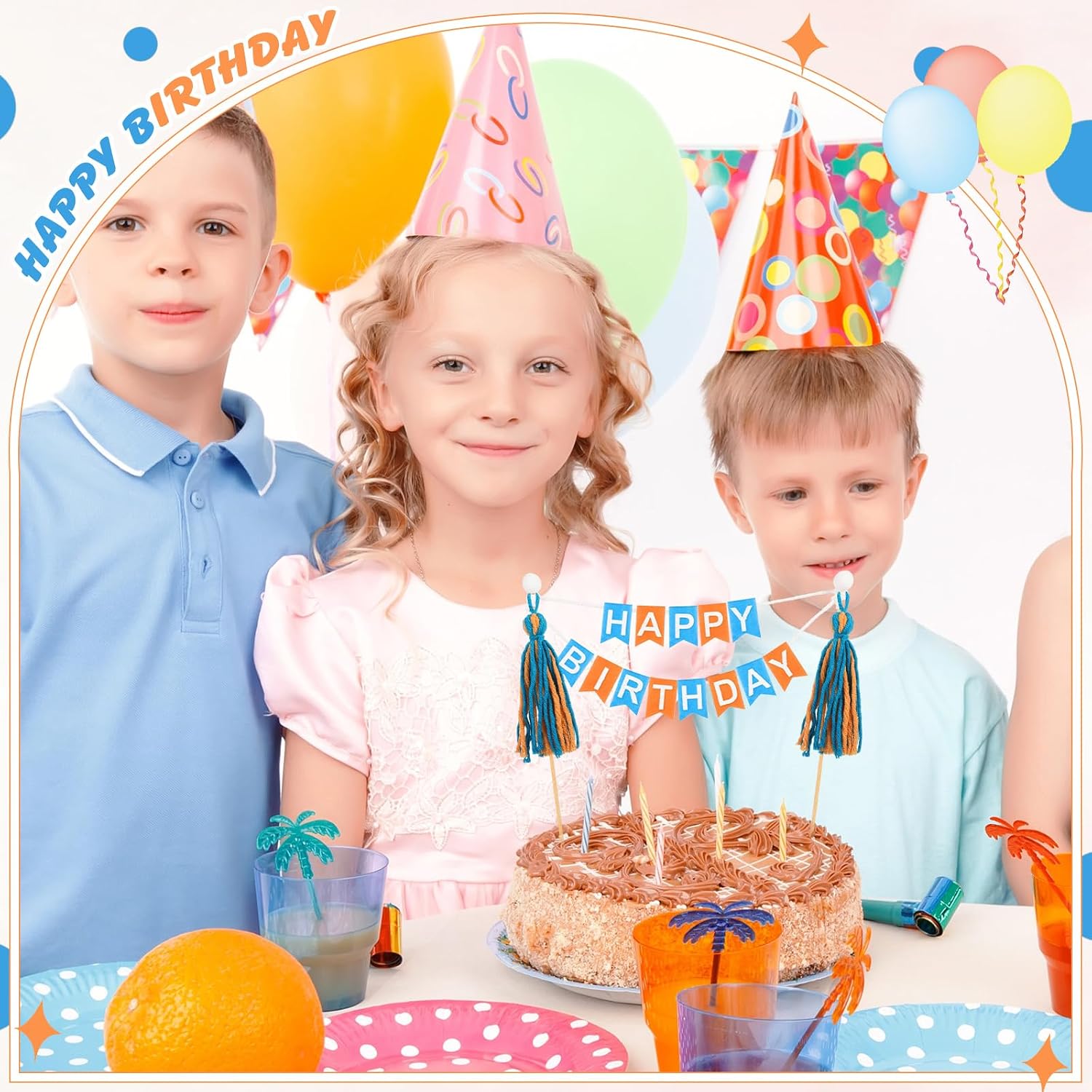Breling 90 Pcs Custom Cake Banner Topper Set,Orange Blue image 4