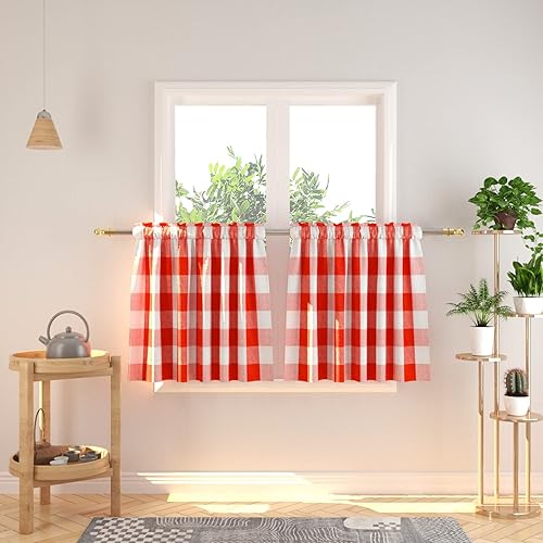 Miniatura 57 de Cortina ajustable con cenefa para ventana de cocina Buffalo Check, a cuadros, gingham, estilo granja, con bolsillo para barra, para baño, 42 x 45