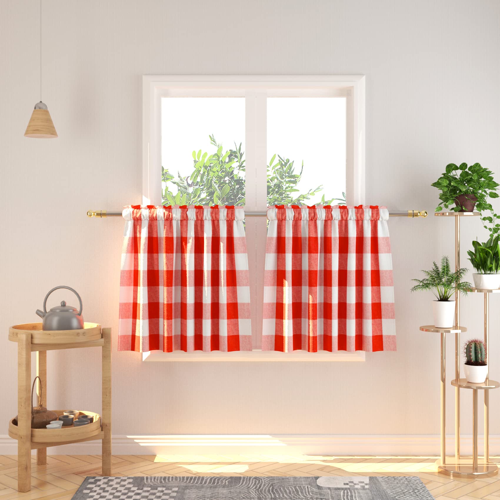Natus Weaver Buffalo - 24 Inch Long Plaid Curtains with Rod Pocket for Small Window, Kitchen, Cafe, Bathroom, 2 Panels, Red and White — image 1