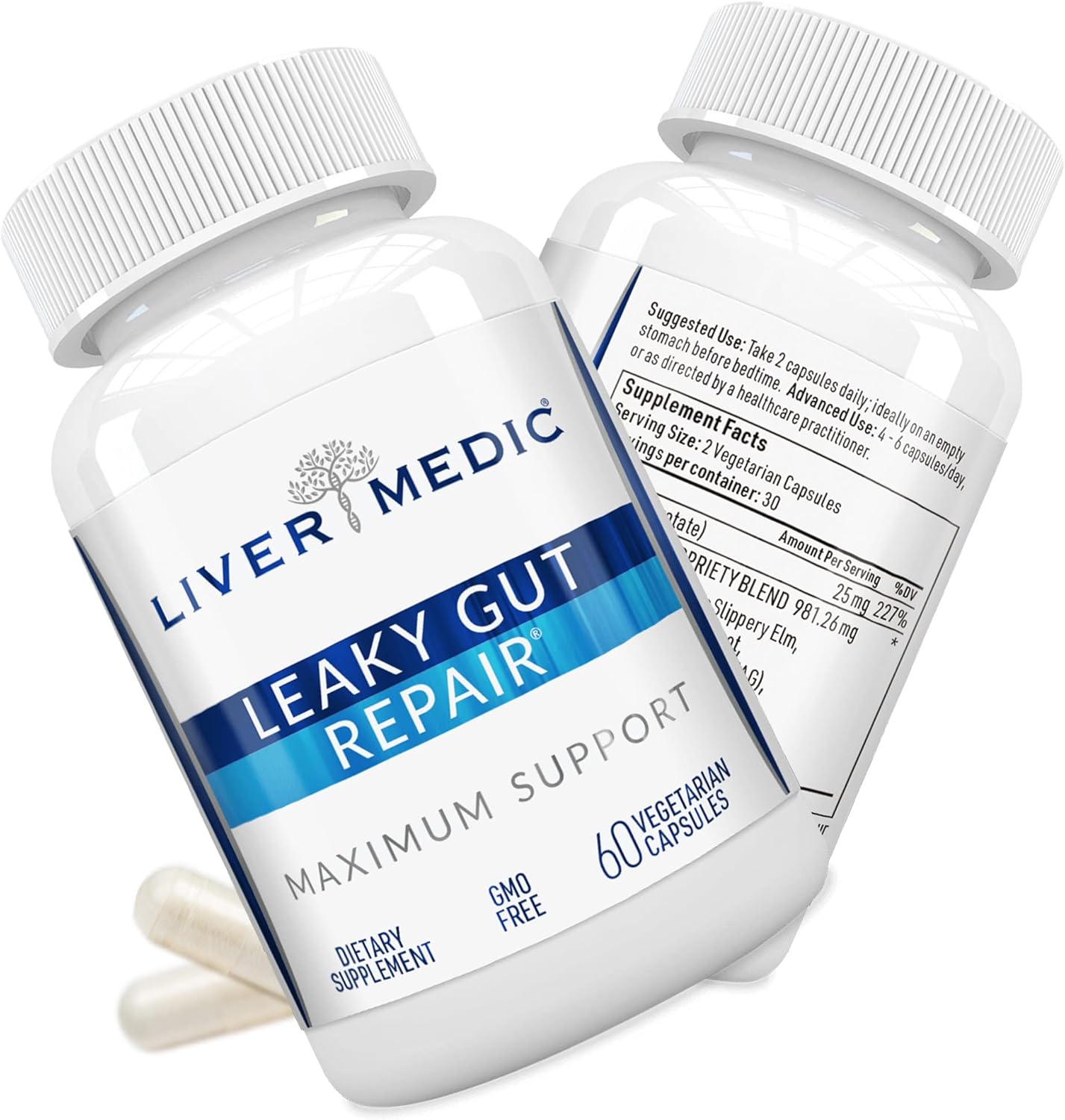 Liver Medic Leaky Gut Repair Glutamine Capsules w/Slippery Elm & Marshmallow Root Gut Repair
