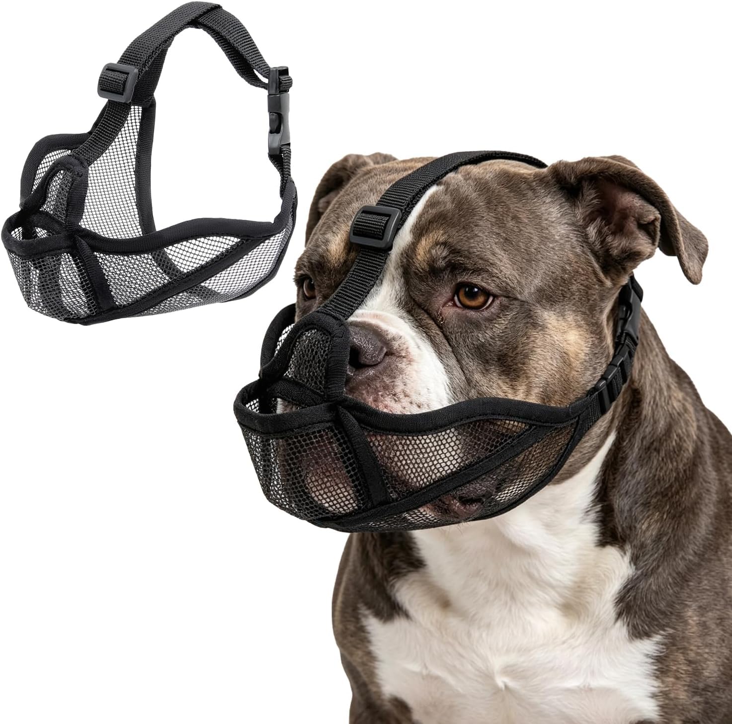Dog Muzzle for French Bulldog, Soft Breathable Mesh Anti-Scavenging Muzzle for Short Snout Breeds (Frenchie/Pug/Shih Tzu), Adjustable for Panting & Drinking, Black (L)