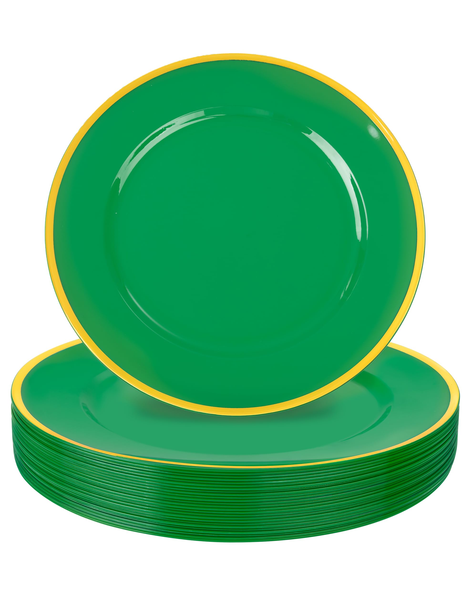 Photo 1 of WDF 25PCS Green Plastic Charger Plates - 12inch Green and Gold Chargers for Dinner - Disposable Charge Plates - Perfect for Party/Elegant/Tabletop Decor