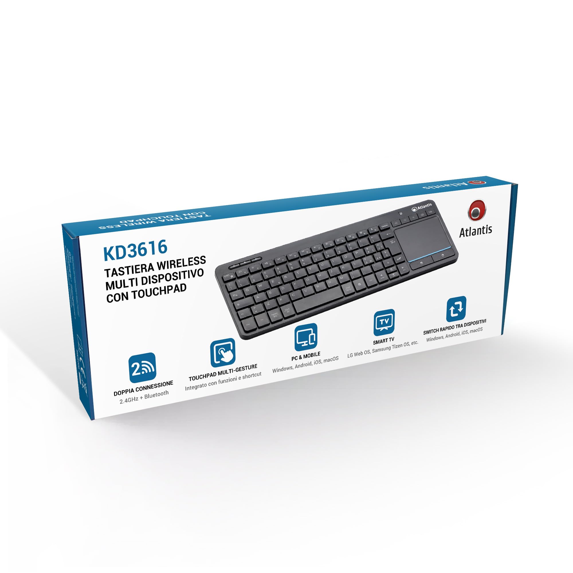 Atlantis Mini Tastiera con TouchPad multitouch integrato - Wireless senza fili RF + Bluetooth, QWERTY, Tasti funzione multimediali, per PC/Notebook/Smart TV/Smartphone/Tablet/iOS/Android - Nero