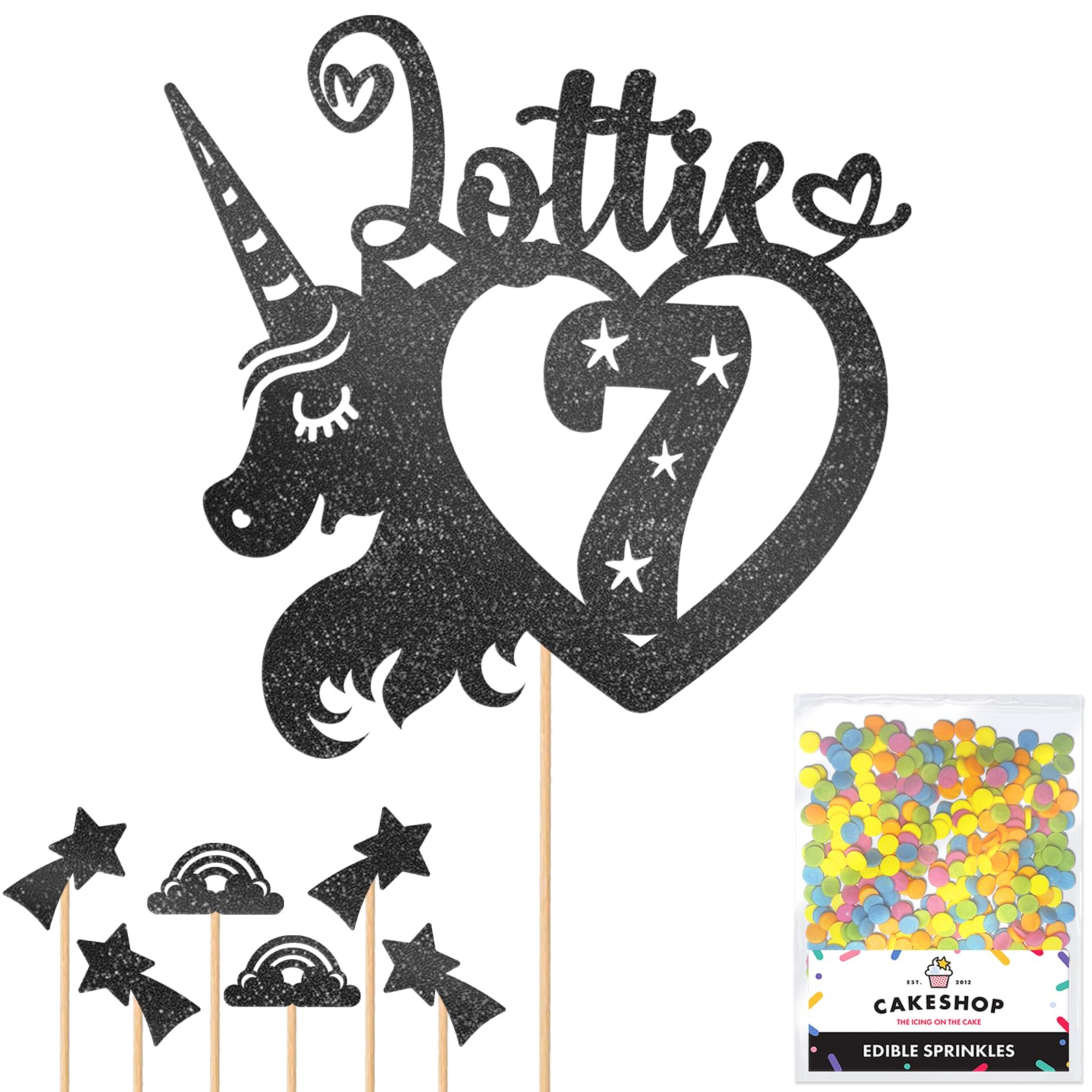 Personalised Unicorn Heart Glitter Cake Topper- Black Any Custom Age & Name Glitter Cake Decoration and Sprinkles - Happy Birthday Decorations - Personalised Toppers for Cakes by Cakeshop